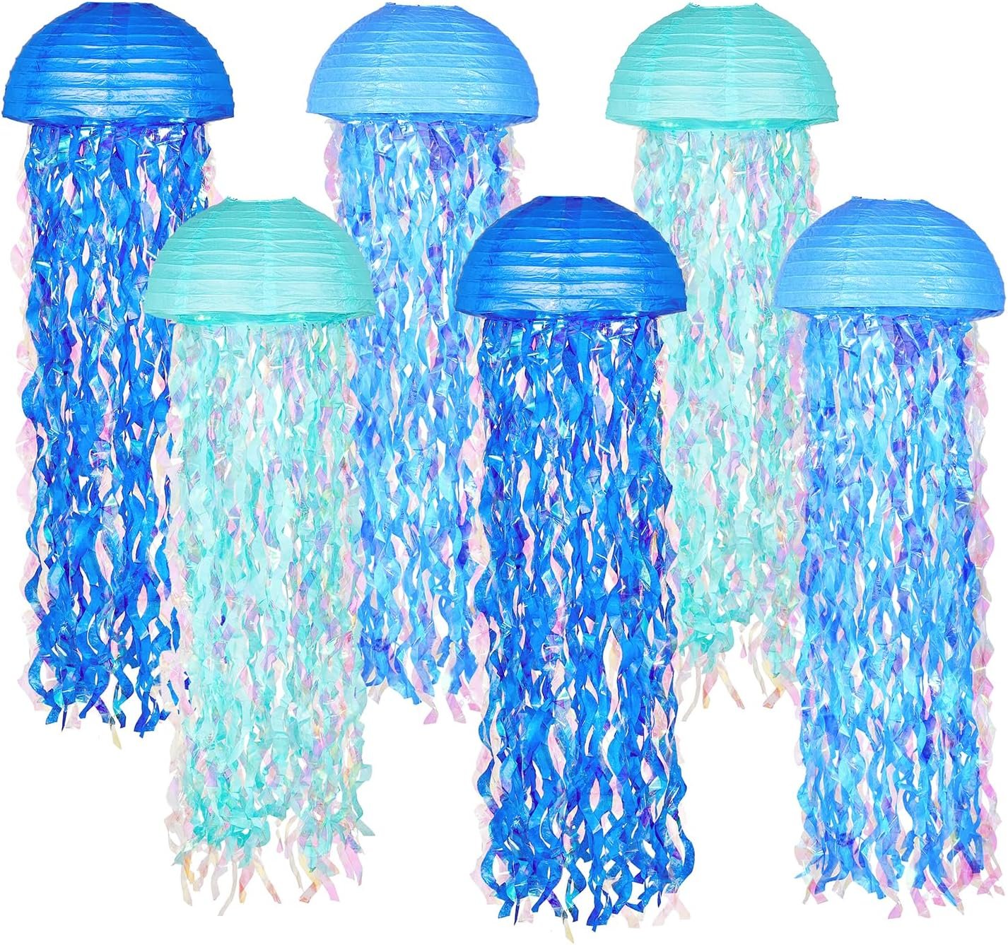 OBXT 10″ Blue Hanging Jellyfish Paper Lanterns – Under the Sea Party & Mermaid Birthday Decorations, Baby Shower, Nautical Events, Ocean Theme Classroom & Beach Room Decor (Set of 6)
