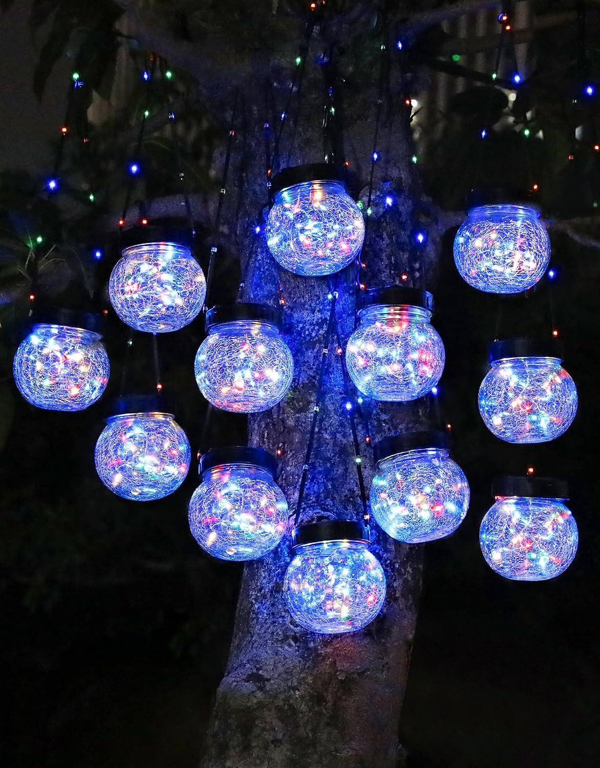 Solar Lights Outdoor Waterproof 12-Pack, Solar Powered Hanging Lantern Cracked Glass Hanging Globes for Yard Decor Christmas Decoration, Shepherd Hook, Garden Tree Ornaments, RGB