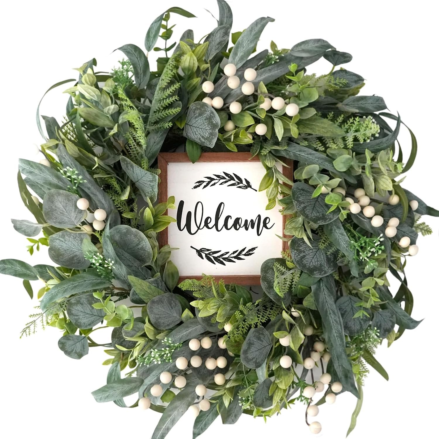 Green Eucalyptus Wreath for Front Door, 20 inch Eucalyptus Leaves and White Berries Wreath with Welcome Sign, Four Seasons Wreaths for Indoor/Outdoor Farmhouse Home Wall Window Decor