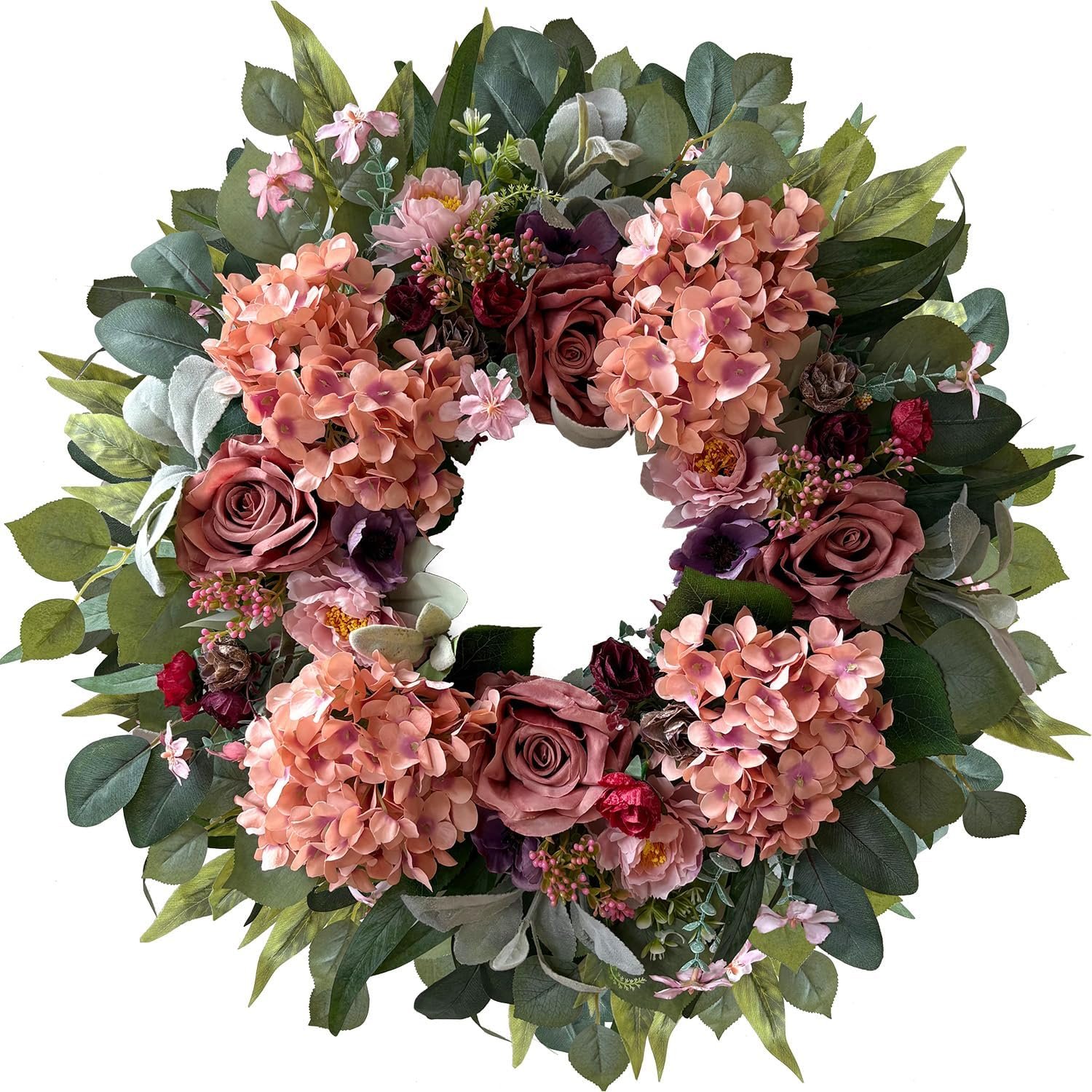 WANNA-CUL 24 Inch Pink Hydrangea Spring Wreath for Front Door | Pink Rose & Peony Floral Wreath, Ideal For Mother’s Day, Valentine,Summer,Indoor & Outdoor All Season Decor