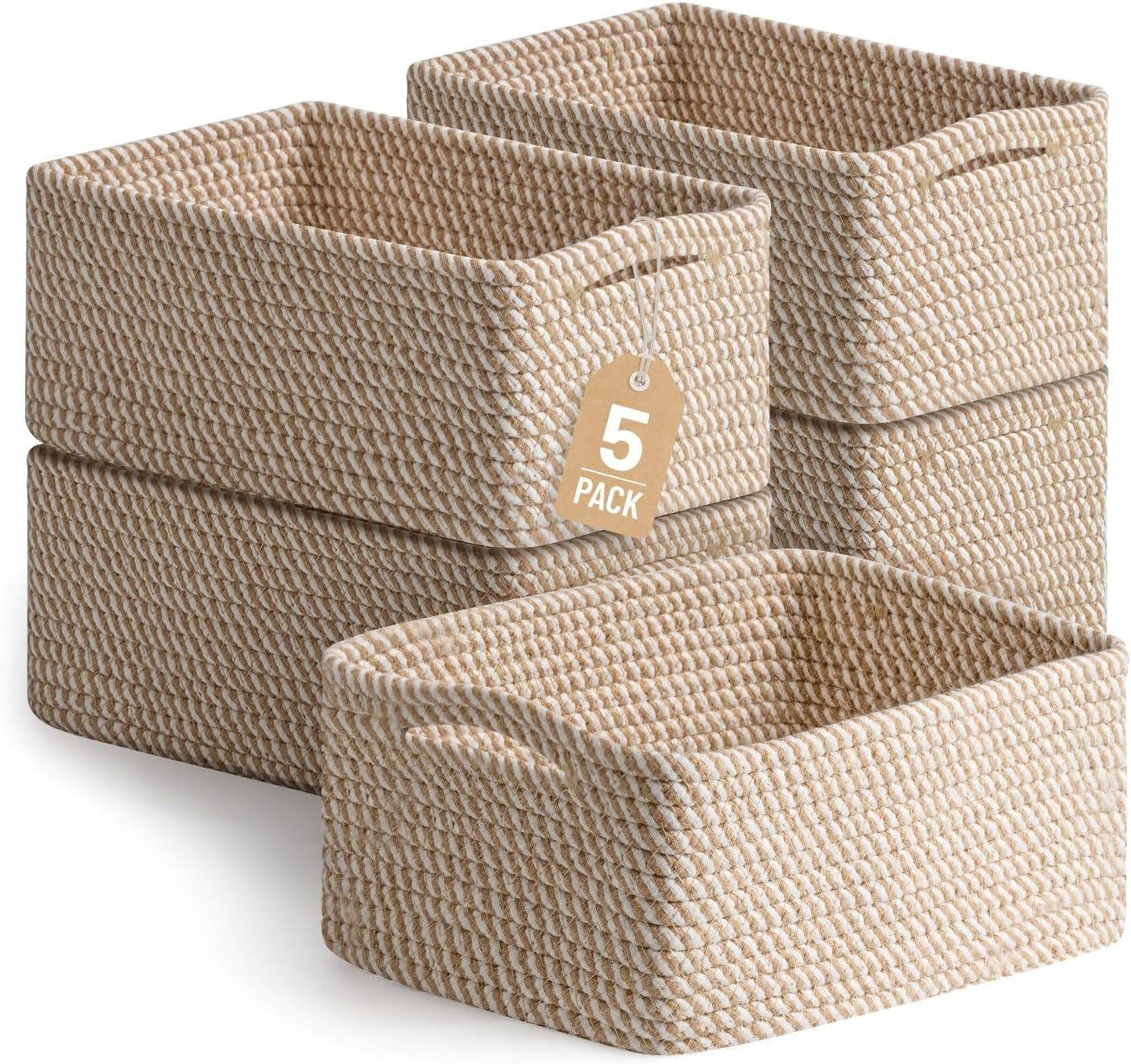 5 Pack Decorative Small Storage Baskets for Shelves, Cotton Rope Woven Basket for Organizing Bathroom, Nursery, Closet, Cabinet, Toys & Socks, Gift Baskets Empty, 11.8″x7.9″x4.7″, Khaki