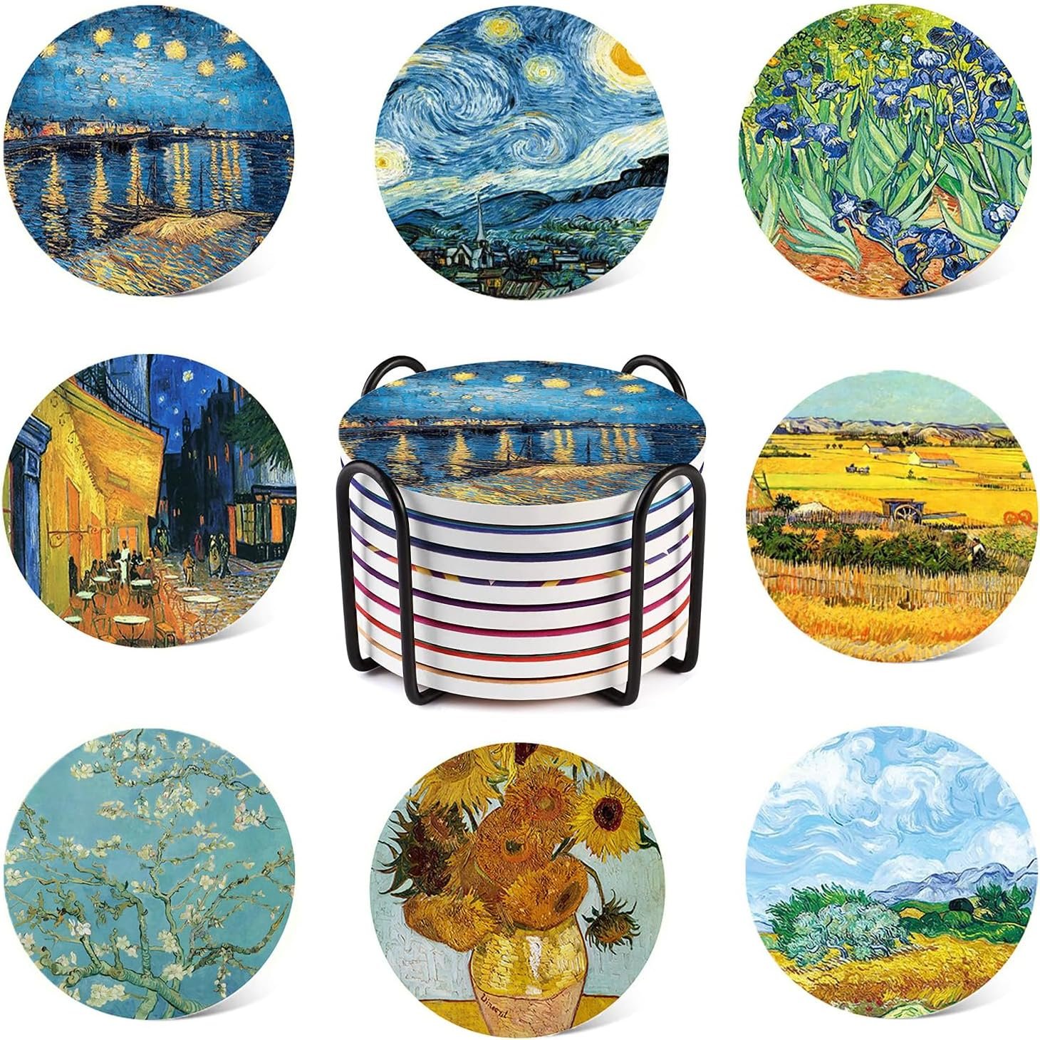 4 Inch Round Marble Coasters, Van Gogh Art Painting Style Beverage Coasters with Storage Rack 8-Piece Set