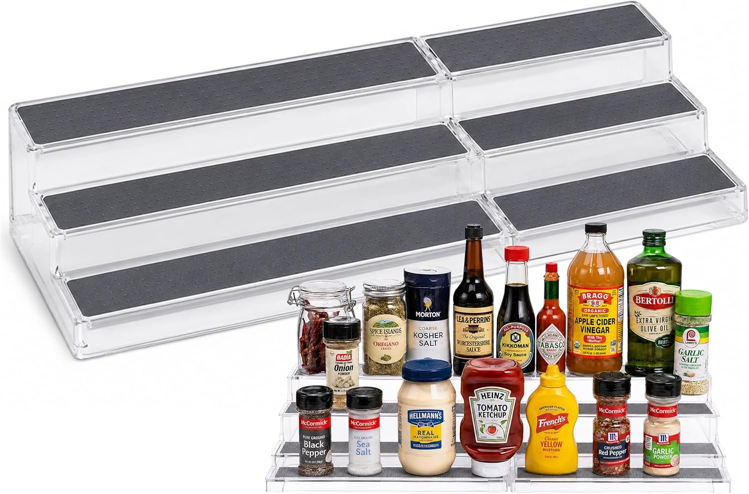 Oizeir 3–Tier Expandable Plastic Spice Rack – Adjustable Length, Stability with Non-Skid Shelf, Three Tiers for Easy Visibility, Organizer for Kitchen Cabinet, Pantry or Countertop, White/Grey