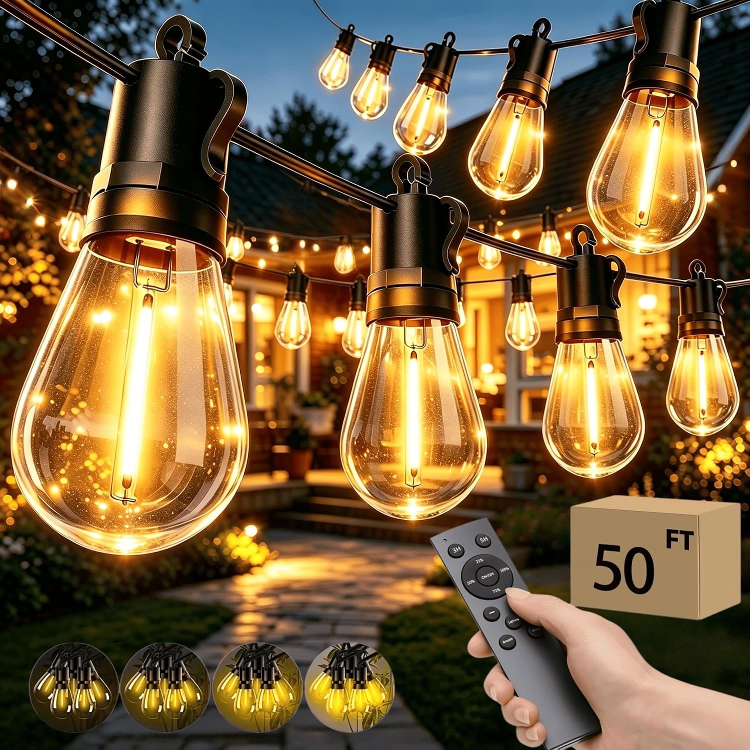 Outdoor Patio String Lights: S14 Shatterproof Bulb Outside Waterproof Light – 50FT 15M Remote Dimmable Connectable Hanging Outdoor Electric Lighting – Garden Backyard Yard Gazebo Porch Party
