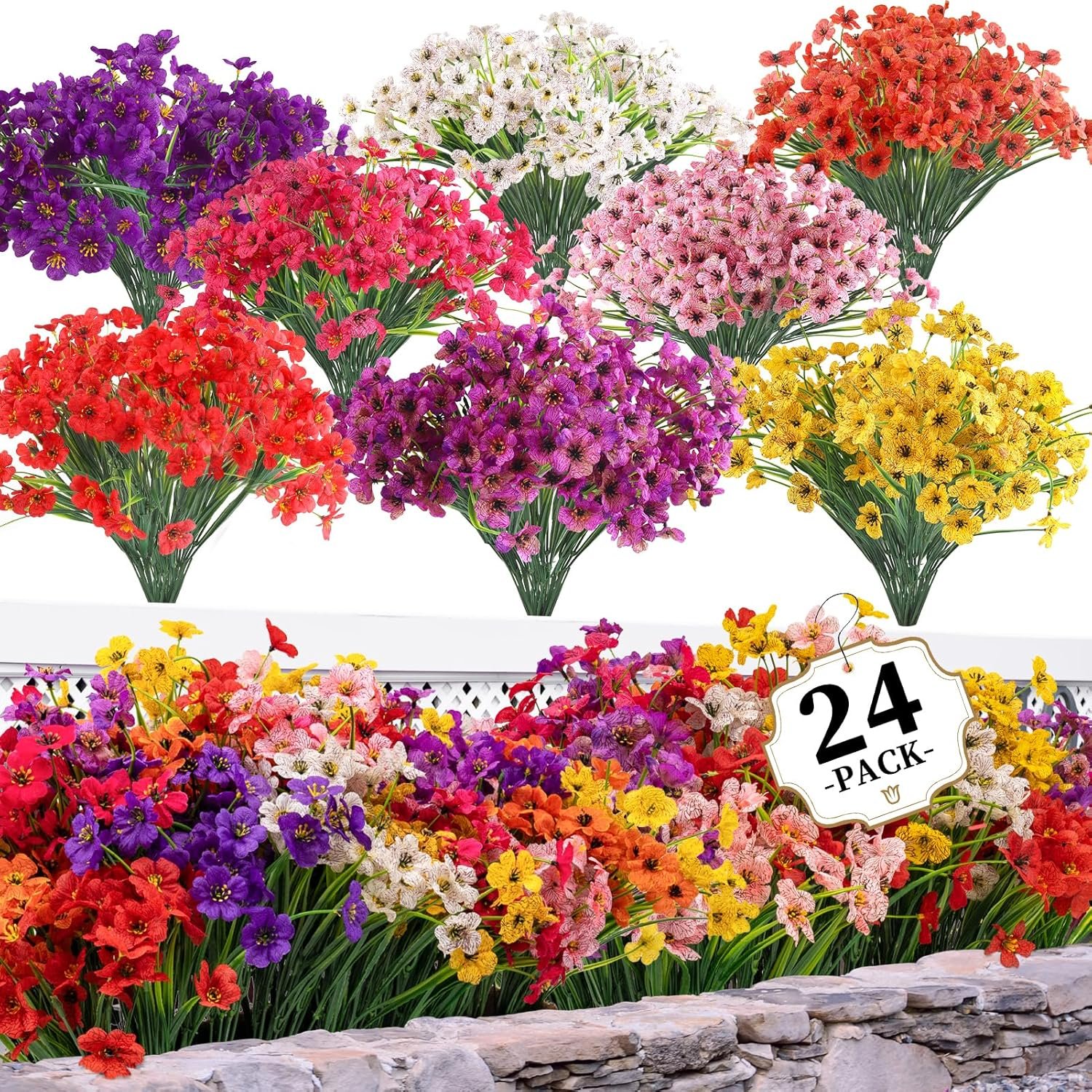 24 Bundles Artificial Flowers for Outdoors/Indoors, Fake Flowers Plants for Indoor Outside Garden Porch Window Box Home Wedding Farmhouse(8 Color) | Faux Flowers for Indoor Outside, artificial plants outdoor Garden Porch Window Box Home Wedding Farmhouse