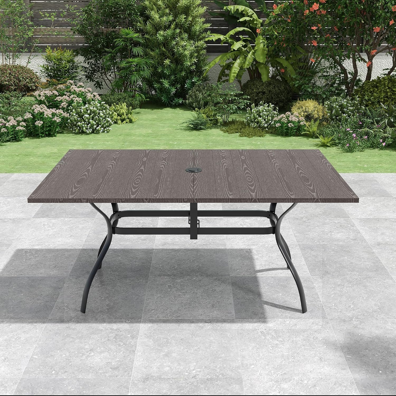 Patio Dining Table for 6,Large Rectangle Outdoor Table with Adjustable Umbrella Hole,63″x 38″x 28″,Brown