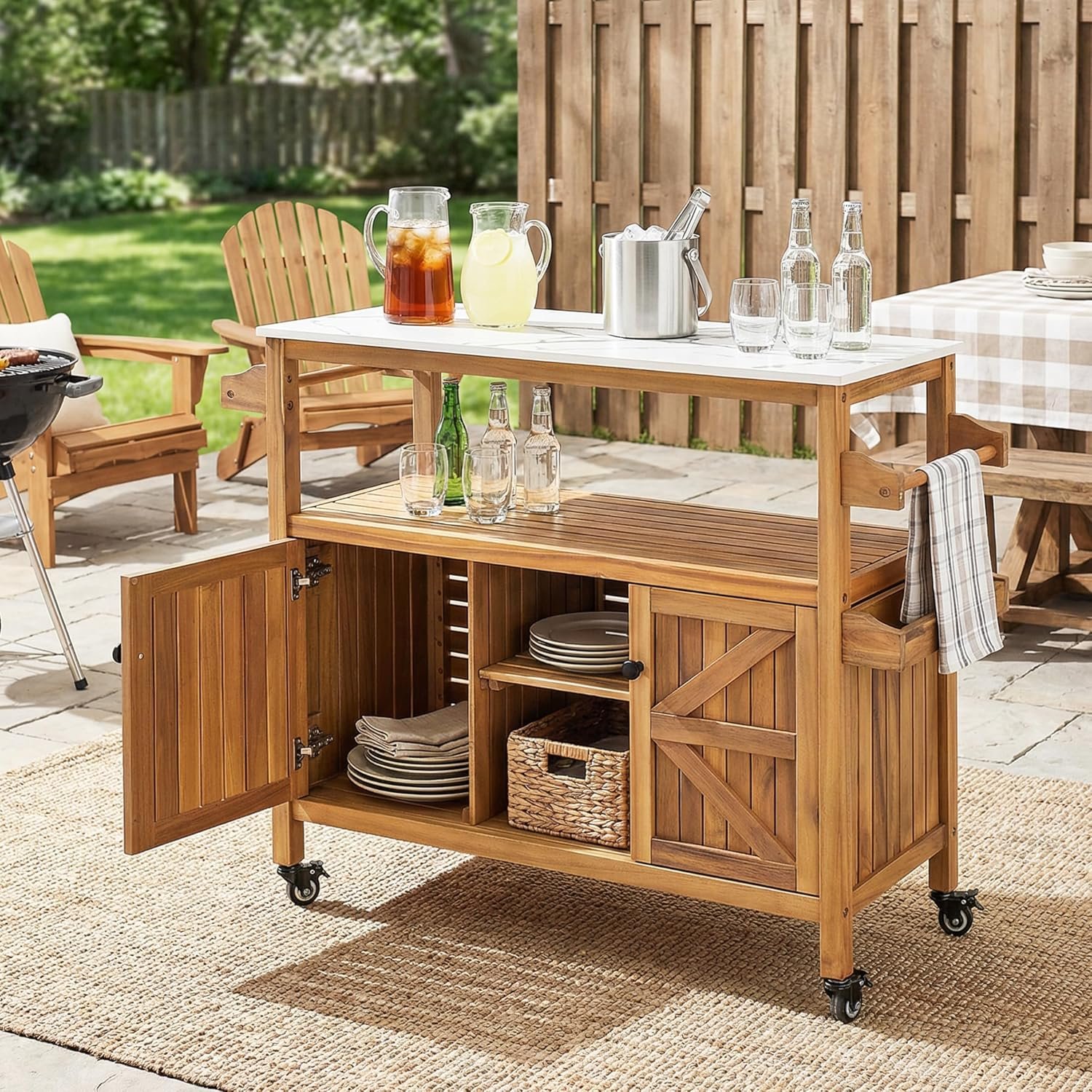 Merax Outdoor Acacia Wood Bar Cart, Natural Finish with Marble-Effect Top | Lockable Wheels & Bottle Holders for Indoor, Outdoor, Patio