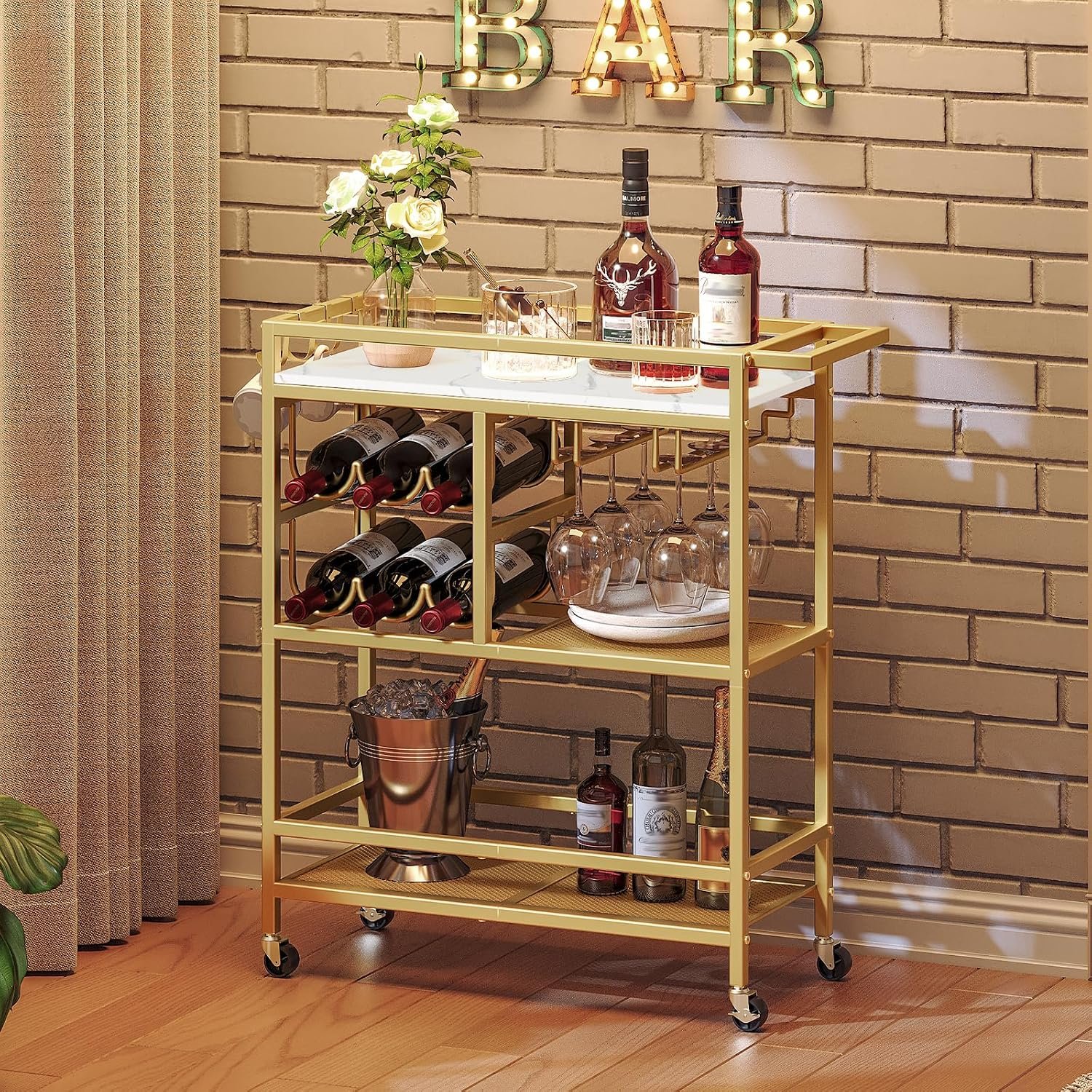 MAHANCRIS Bar Cart for Home, 3-Tier Serving Cart with Wheels and Handle, Beverage Cart with Wine Rack and Glass Holders, Rolling Wine Cart for Kitchen, Dining Room, Gold and White RCJM6101