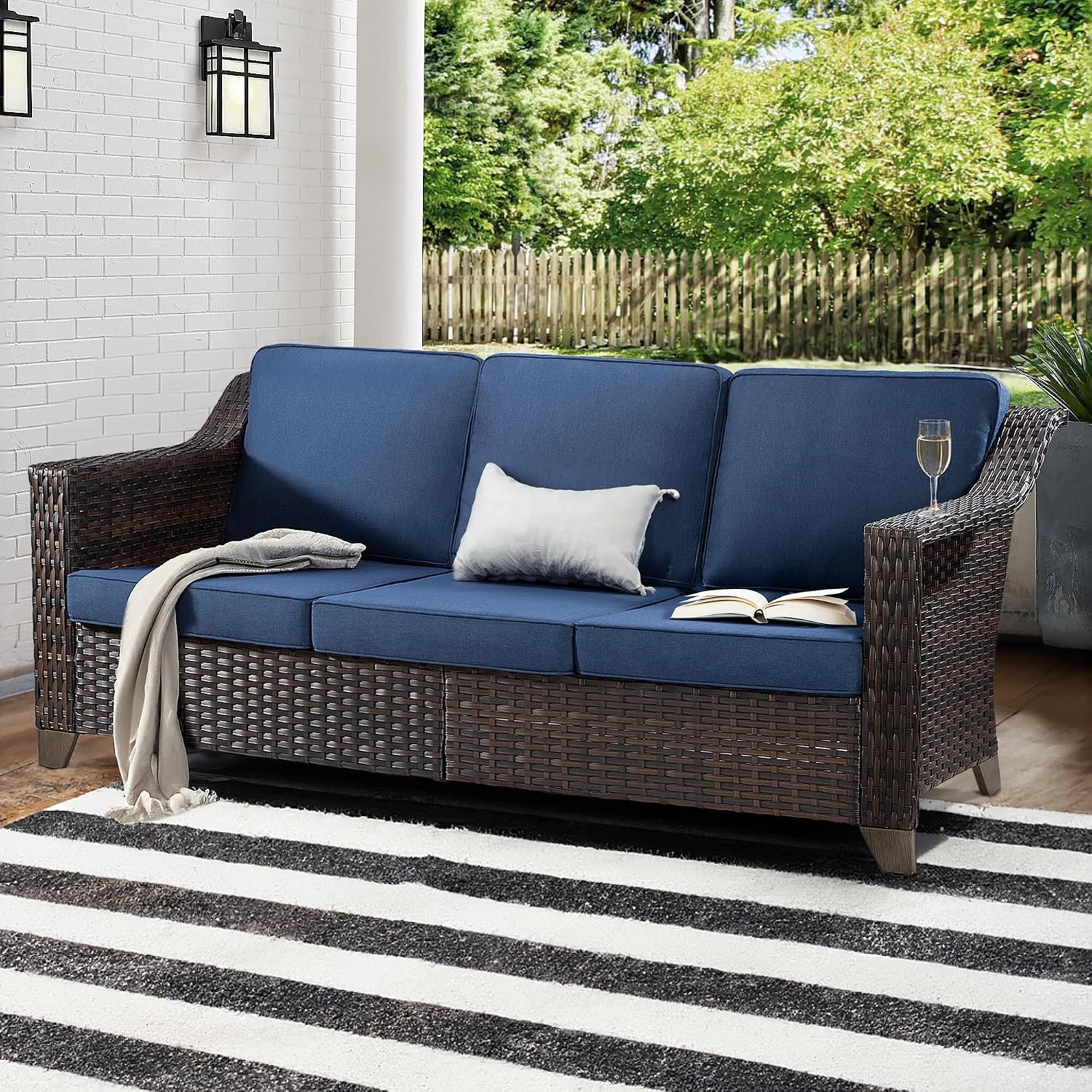 Joyside Patio Sofa – 3 Seater Rattan Sofa, All Weather High Back Sofa, Upgraded Large Size with 4inch Seat Cushions for Backyard, Garden, Poolside (Brown/Blue)