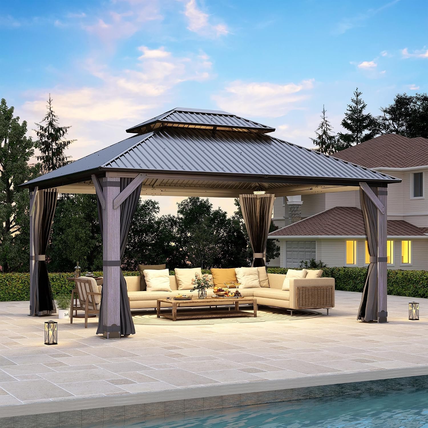 12′ x 14′ Wood Gazebo, Outdoor Hardtop Gazebo with Wood Posts and Galvanized Steel Doule Roof, Wooden Frame Gazebos with Netting and Curtains for Patio, Backyard, Deck Garden