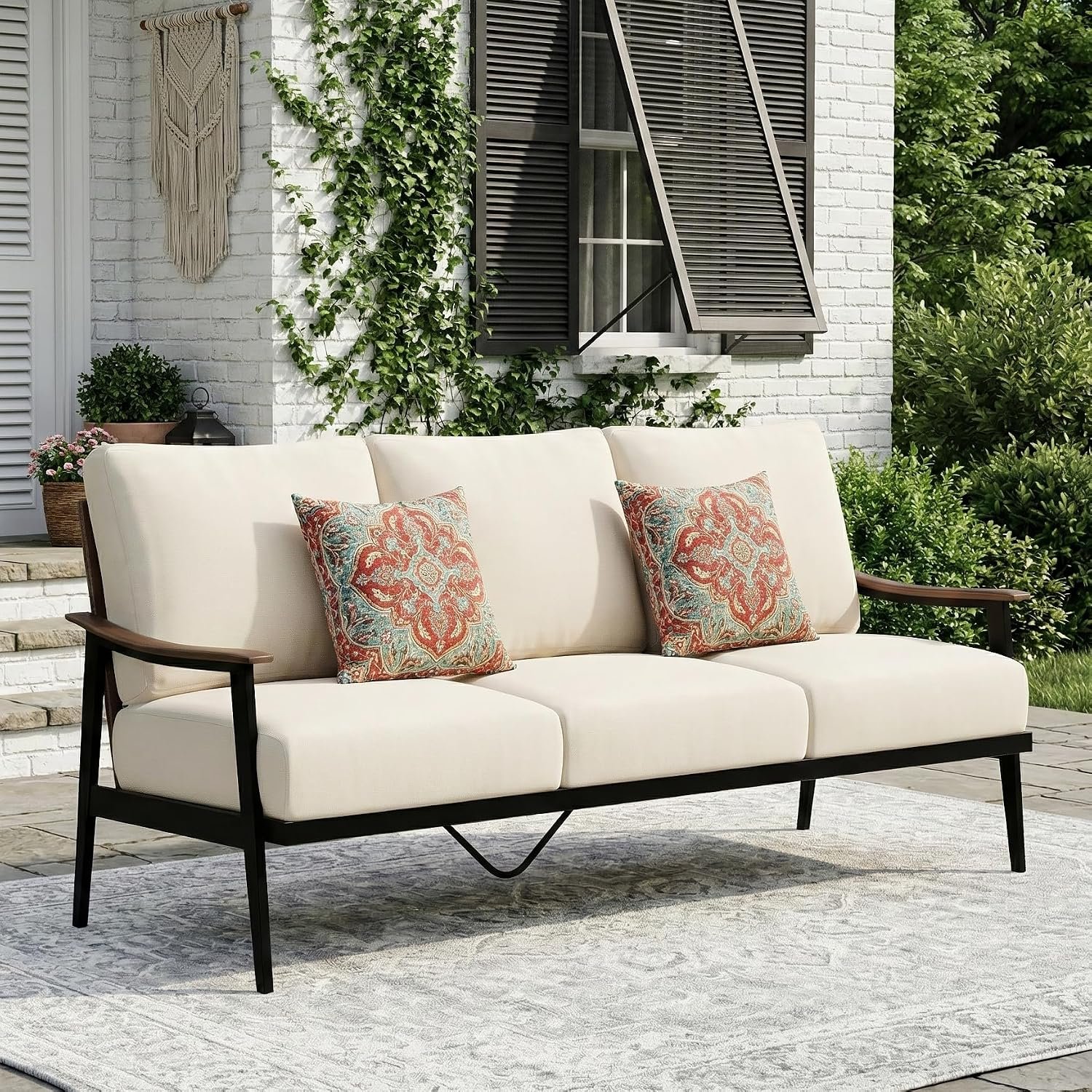 3-Seat Patio Couch Sofa, Wicker Back, Woodgrain Arm | Metal Outdoor Sofa with Adjustable Feet, Natural Wood-garin Texture, 6″ Removable Cushion for Porch, Deck, Backyard, Garden