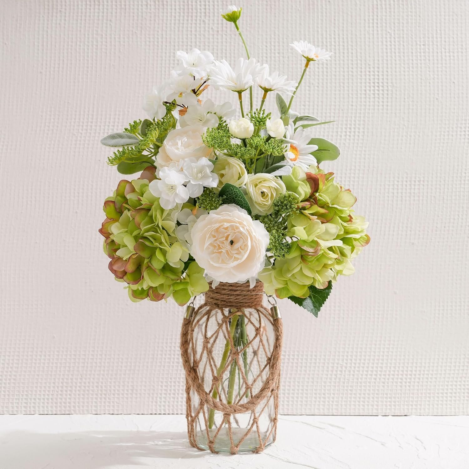 LUEUR Fake Flowers with Vase, Artificial Green Hydrangea & White Chrysanthemum Arrangement, Spring Floral Centerpiece for Dining Table, Coffee Table & Farmhouse Home Decor