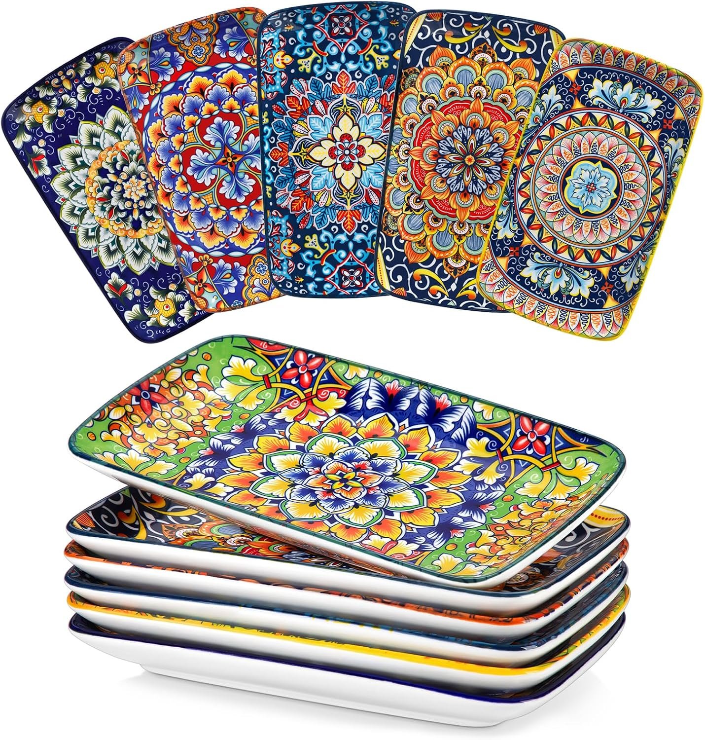 vancasso Simi 9.5 Inch Rectangular Dinner Plates Set of 6 – Bohemian Floral Design in 6 Vibrant Colors, Microwave & Dishwasher Safe Porcelain Plates for Salad, Appetizers, Entertaining