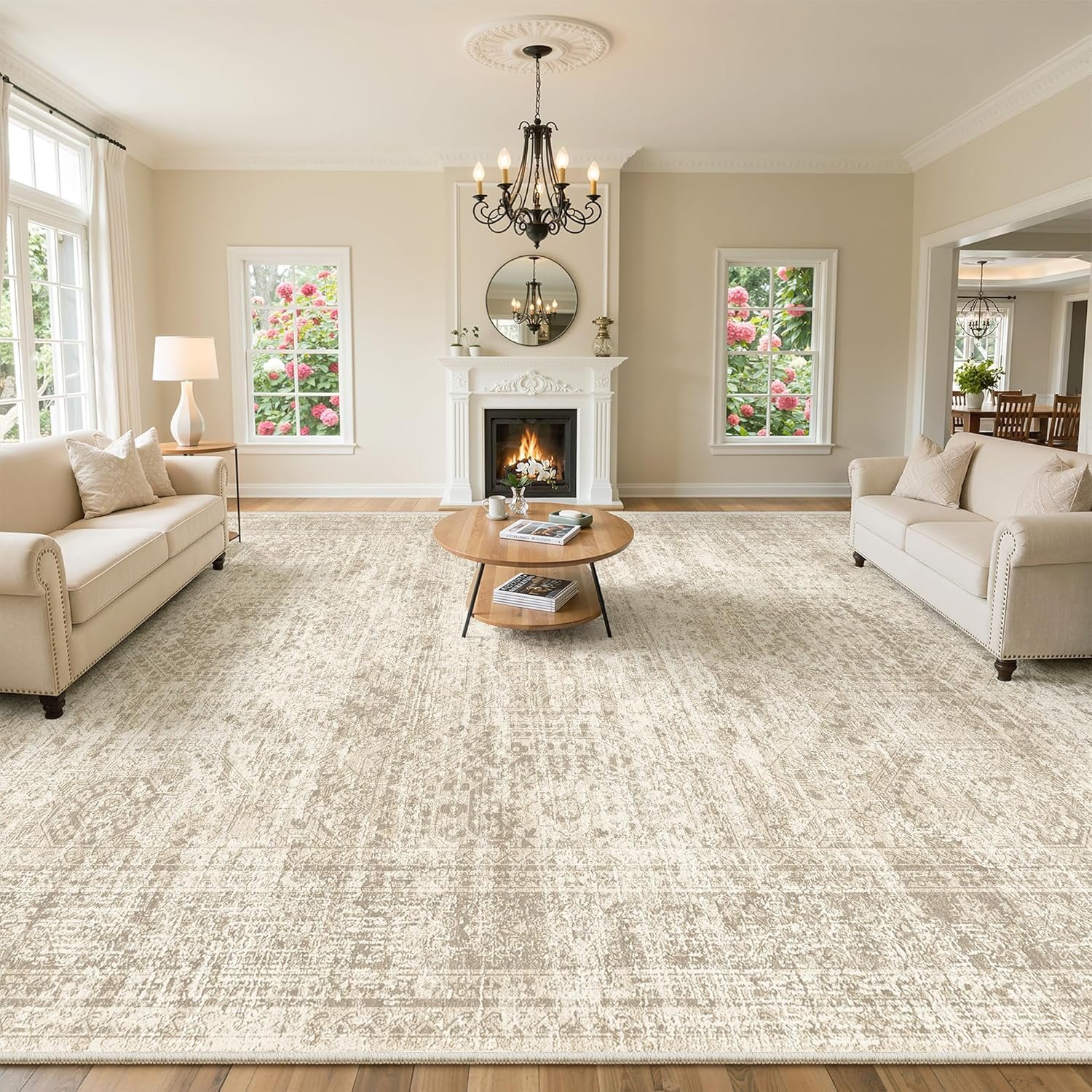 Soalmost 10×14 Area Rugs for Living Room Washable Rug Non-Slip Beige | Large Vintage Stain Resistant Carpet for Dining Bedroom, Low Pile Lightweight Foldable Floor Mat Nursery Home Office Decor