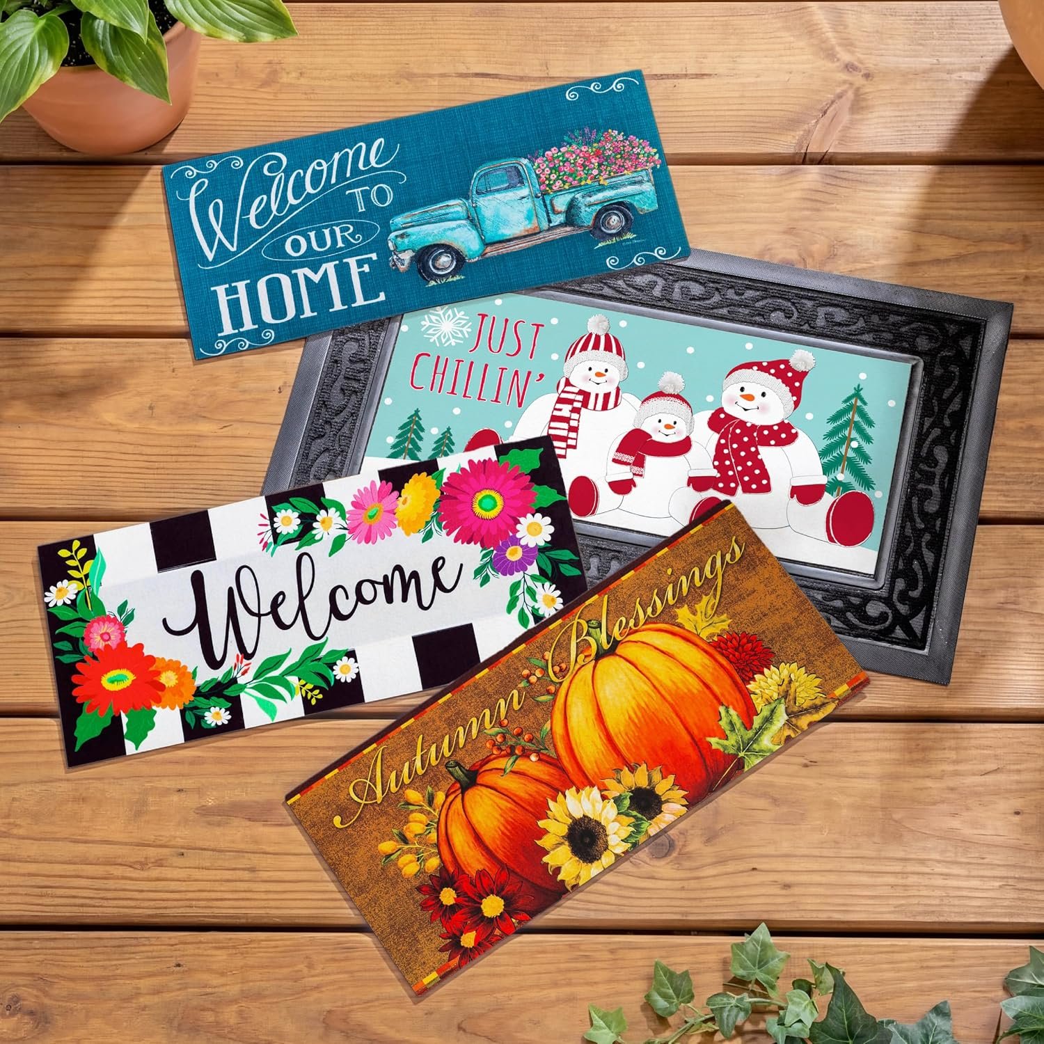 Evergreen Sassafras Bundle – Set of 4 Seasons Interchangeable Entrance Doormats | Indoor and Outdoor |22-in x 10-in doormats and 30-in x 18-in Tray | Non-Slip Backing | Low Profile | Home Décor