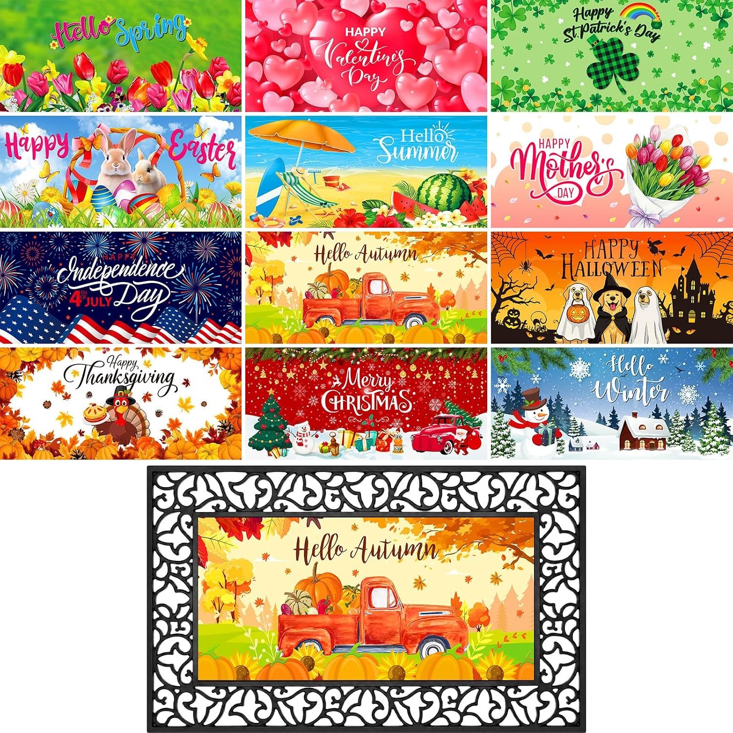 12 Pcs Seasonal Doormat Inserts, 10×22 Inch Interchangeable Hello Autumn Door Mat for Front Door Welcome Doormat Set No Frame, Non Slip Mats for Fall Autumn Thanksgiving Holiday Decor