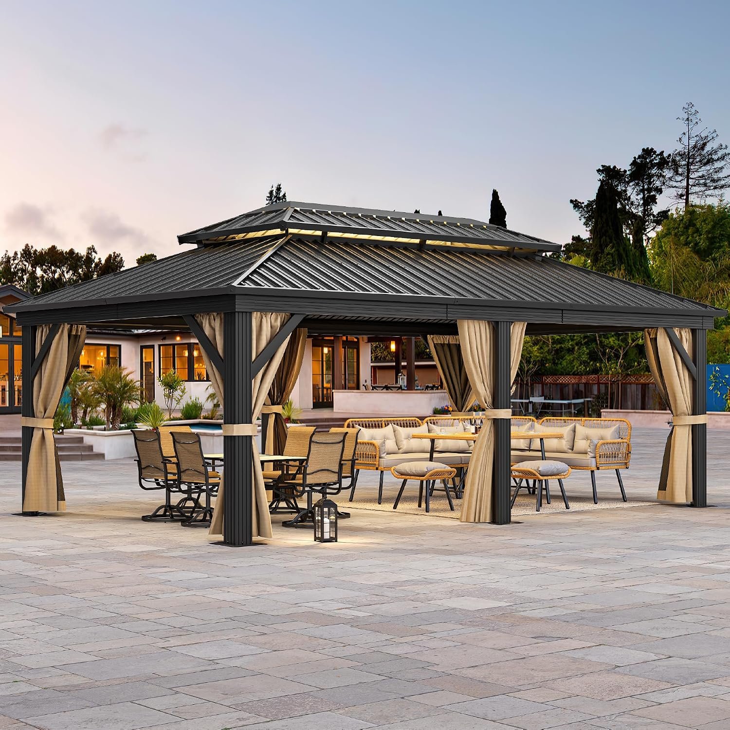 YITAHOME 12x20ft Gazebo Hardtop Canopy Double Roof w/Nettings and Curtains | Upgraded Heavy Duty Aluminum Column Galvanized Steel Vertical Stripes Roof for Patio, Backyard, Deck, Lawns, Brown