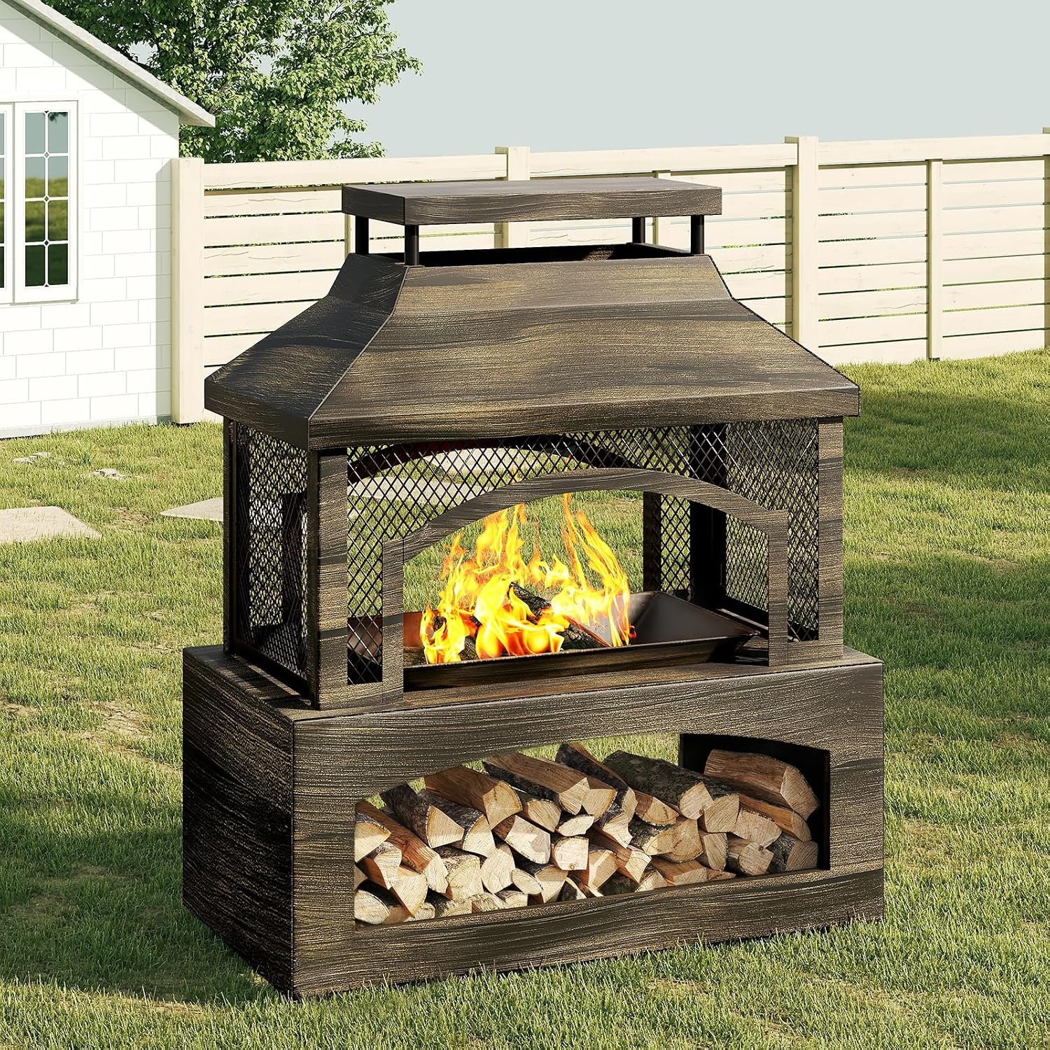 Bestier 37″ Fire Pits, Wood Burning Fireplace for Outside Rectangular Chiminea Outdoor Firepits with Poker, Wood Storage, Rain Cover and Removable Fire Grill for Patio, Garden, Backyard, Camping
