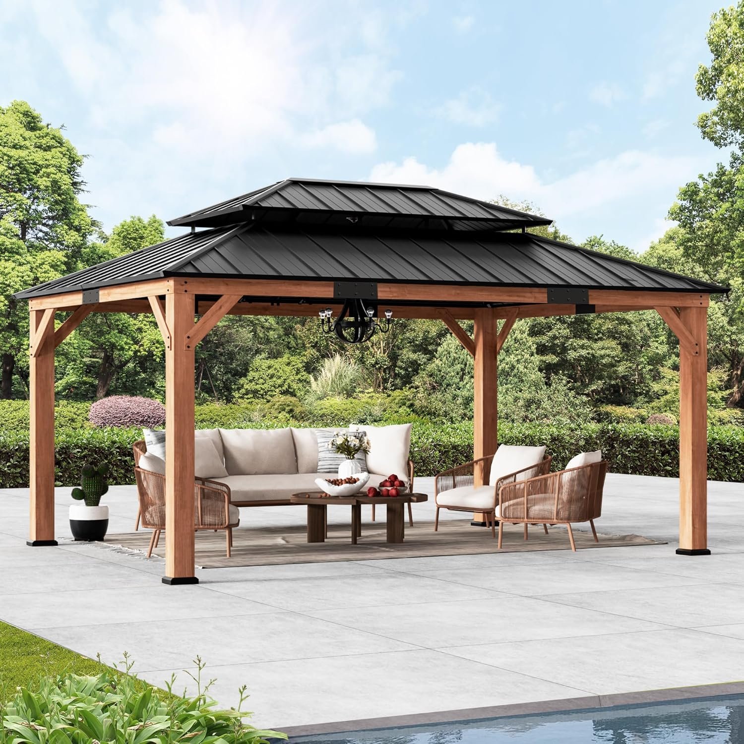 Modern Shade Wood Gazebo 12′ x 16′, Permanent Hardtop Gazebo with Double Galvanized Steel Roof, Outdoor Cedar Gazebo with Sturdy Hooks for Garden, Backyard, Patio, and Deck
