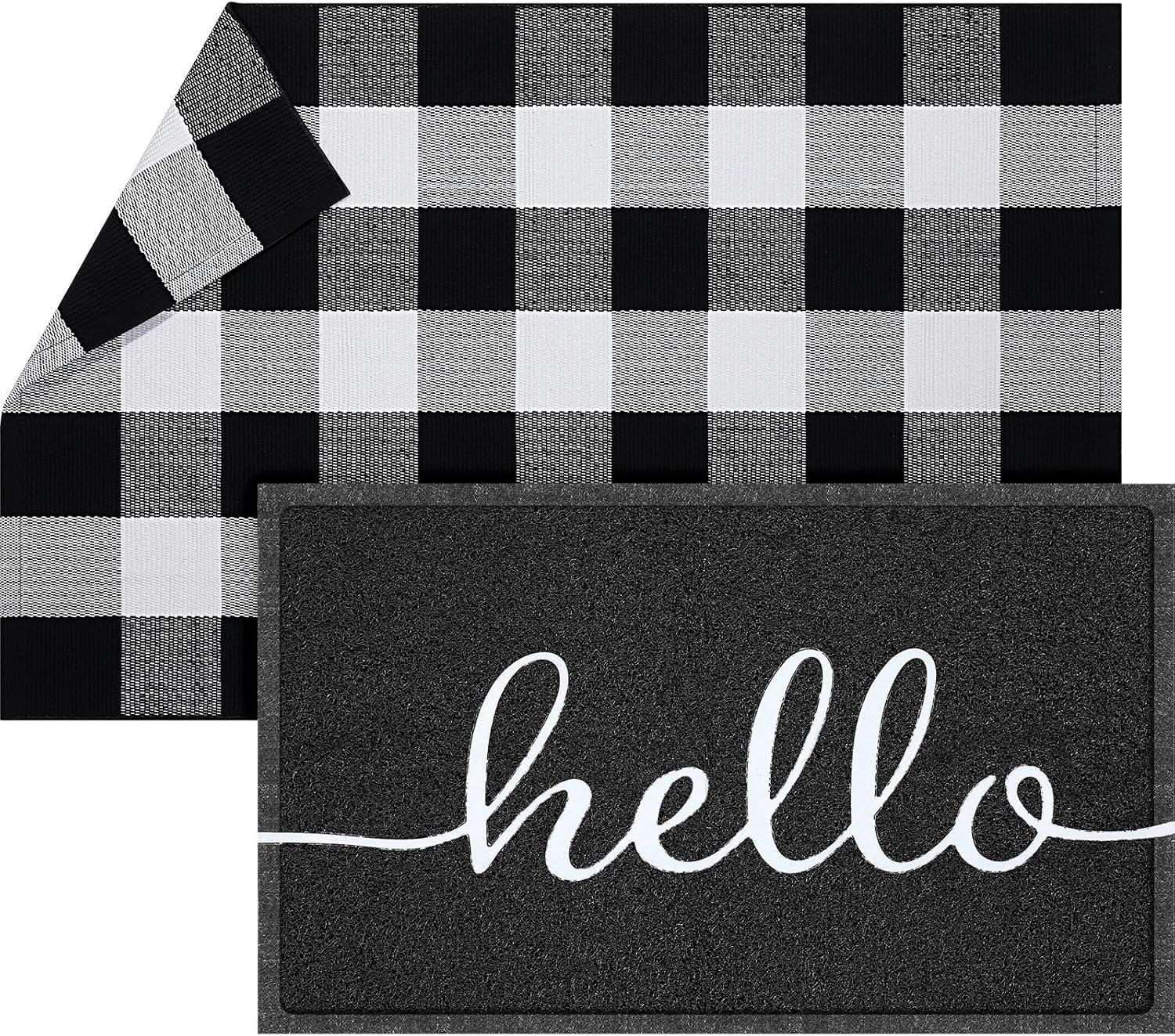 Geelin 2 Pcs 30” x 18” Hello Doormat 43” x 27.5” Black and White Layered Rug for Front Door Mat Outside Entrance Welcome Door Mats for Indoor Outdoor Entryway Porch Decor