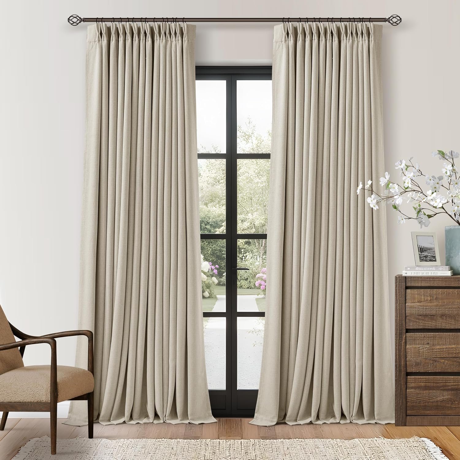 Beige Oatmeal Linen Pinch Pleated 100% Blackout Curtains 90 Inch Length | Pinch Pleat Curtains, Black Out Blocking Room Darkening Drapes with Liner, for Bedroom Living Room Window, W40xL90 2 Panels