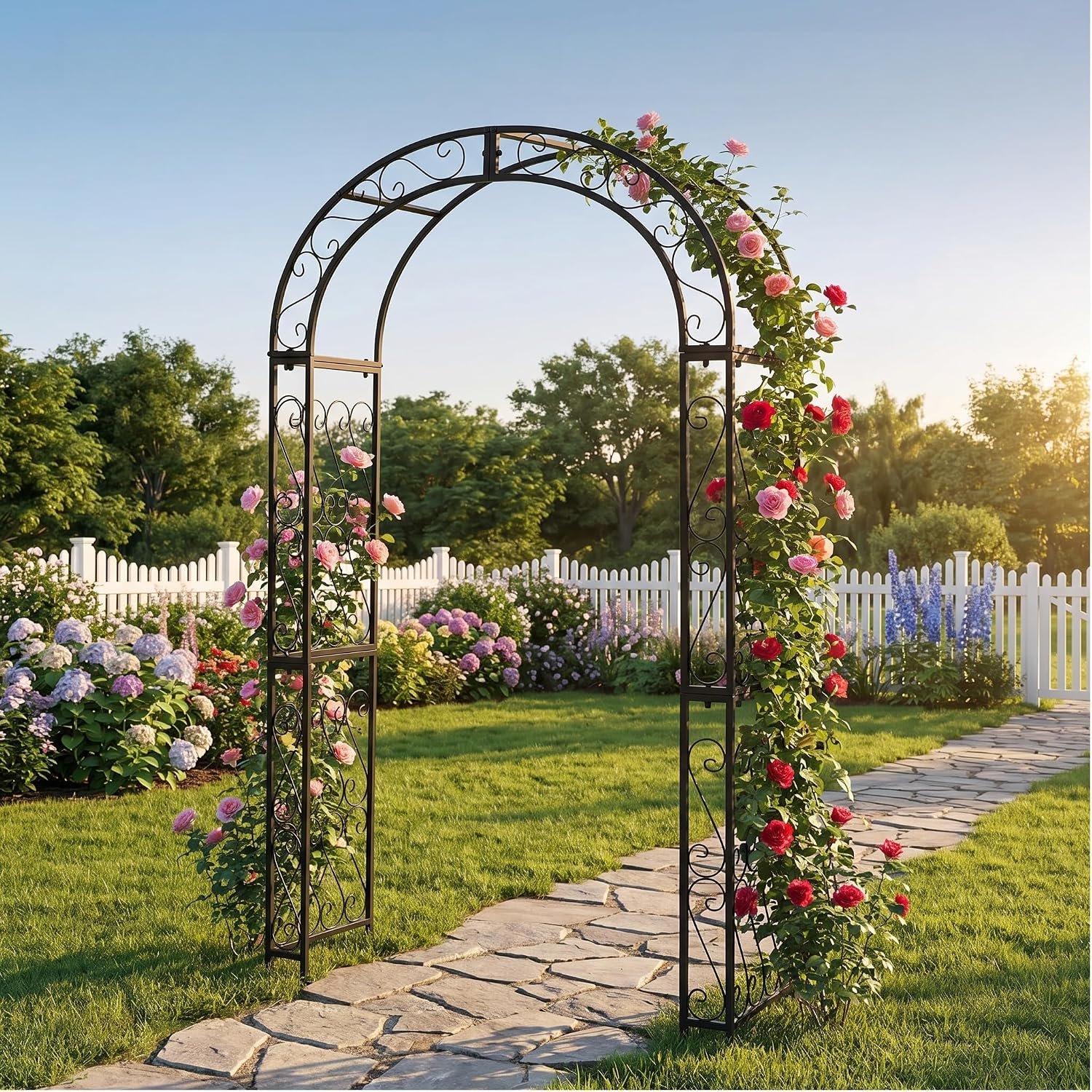 SCENDOR 48.8″ W x 83.8″ H Garden Arch, Black Sturdy Metal Iron Arbor, Courtyard Cast Trellis for Various Climbing Plant, Outdoor European-Style Archway Wedding Ceremony Party