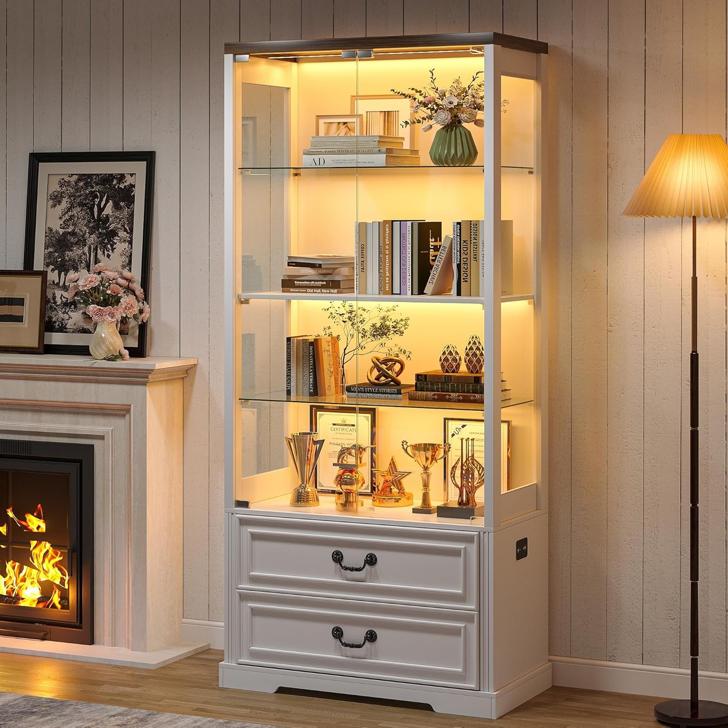 TAGELIER 67″ Tall Glass Display Cabinet with Doors and 2 Storage Drawers | Sturdy Curio Cabinet with Adjustable Shelves, Smart Motion Sensor LED Lights for Living Room, Display Case for Collectibles