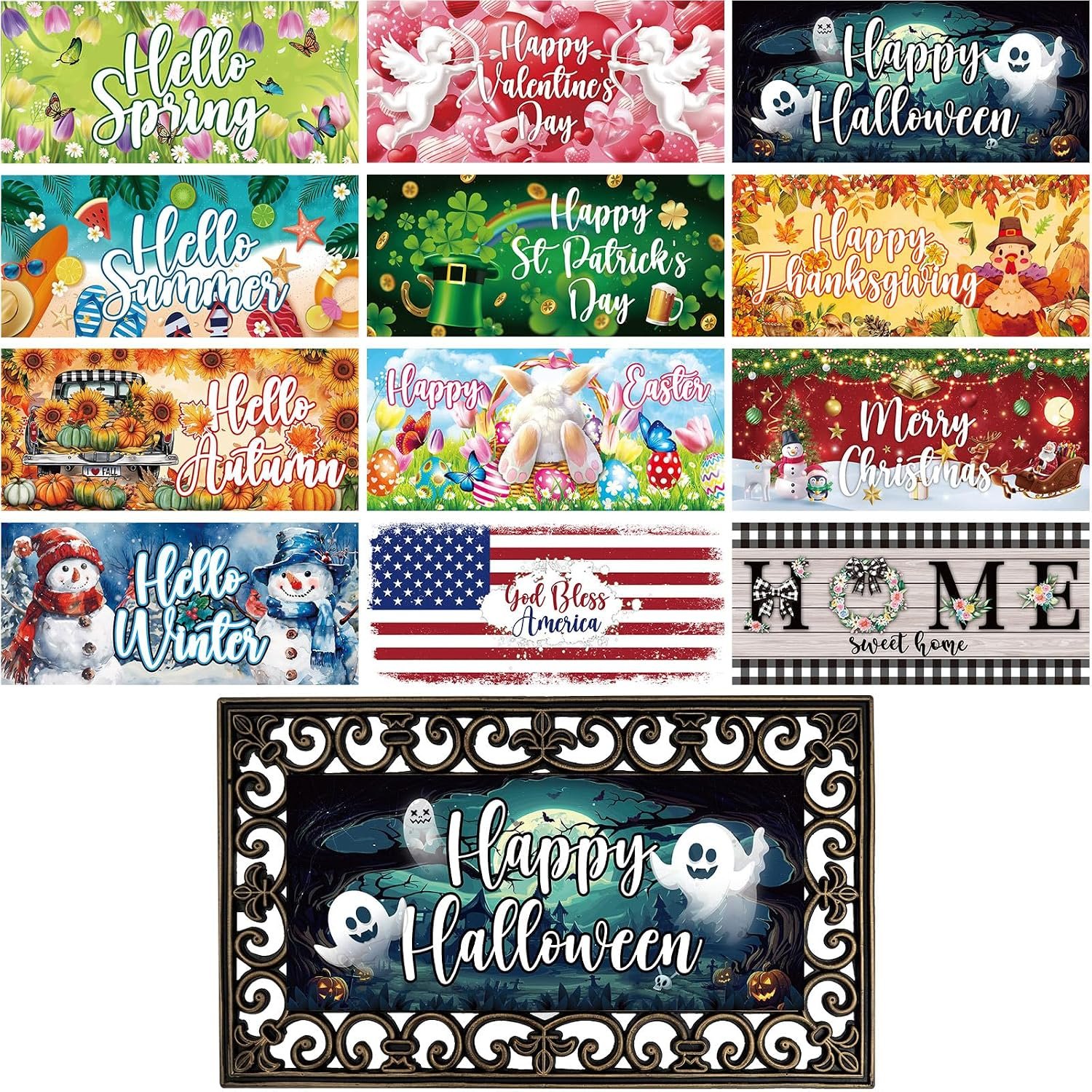 12Pcs Doormat Inserts Seasonal Entrance Doormats Interchangeable Welcome Doormats Welcome Mat Outdoor for Fall Christmas Front Door Outdoor Indoor 22in x 10in All Season and Holiday