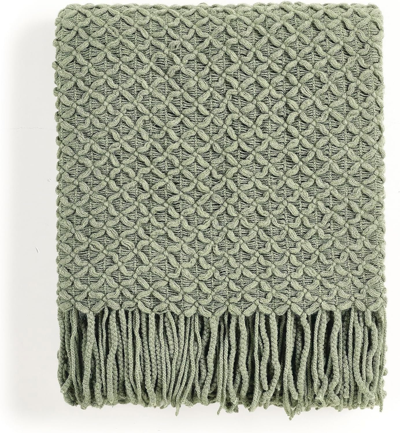 CREVENT Farmhouse Boho Knitted Throw Blanket for Couch Sofa Chair Bed Home Decoration, Soft Warm Cozy Light Weight for Spring Summer Fall (50”X60” Sage Green)