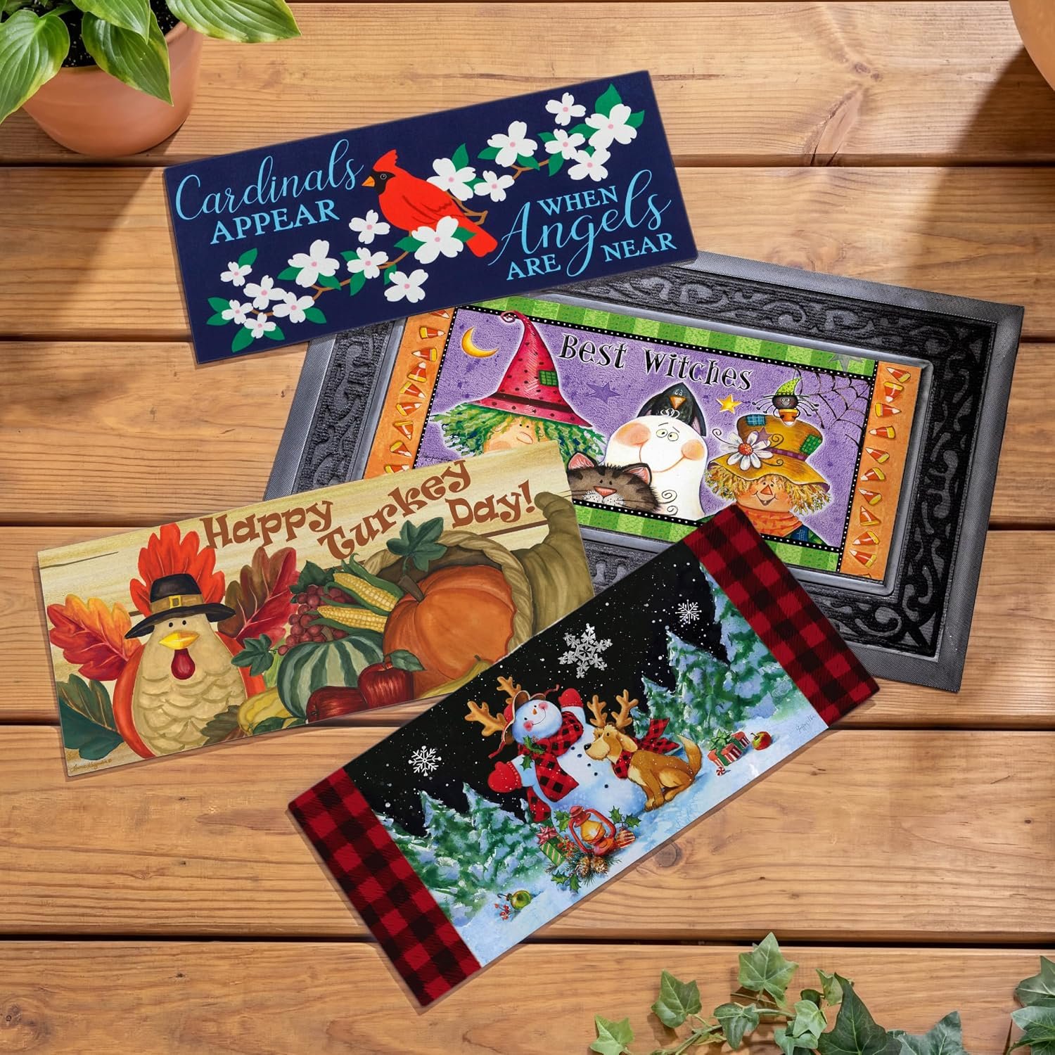 Evergreen Sassafras Fall Christmas Holiday Doormat Insert Bundle & Tray Set of 5, Interchangeable Entrance Door mats Indoor and Outdoor Welcome Mat 30 x 18 Tray Non Slip Backing Low Profile