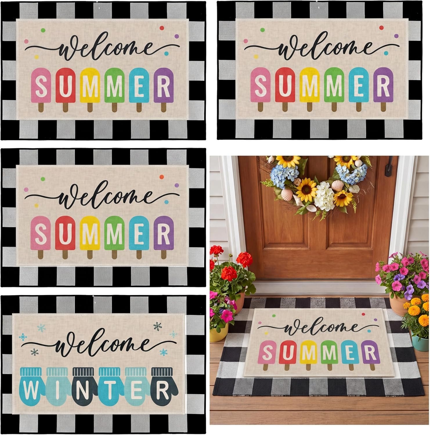 Drydiet 5 Pcs Seasonal Front Door Mats Set Four Seasons Hello Welcome Mats with Black and White Buffalo Plaid Non Slip Doormat for Entrance Home Floor 35” x 23”, 28” x 17”(Cute)