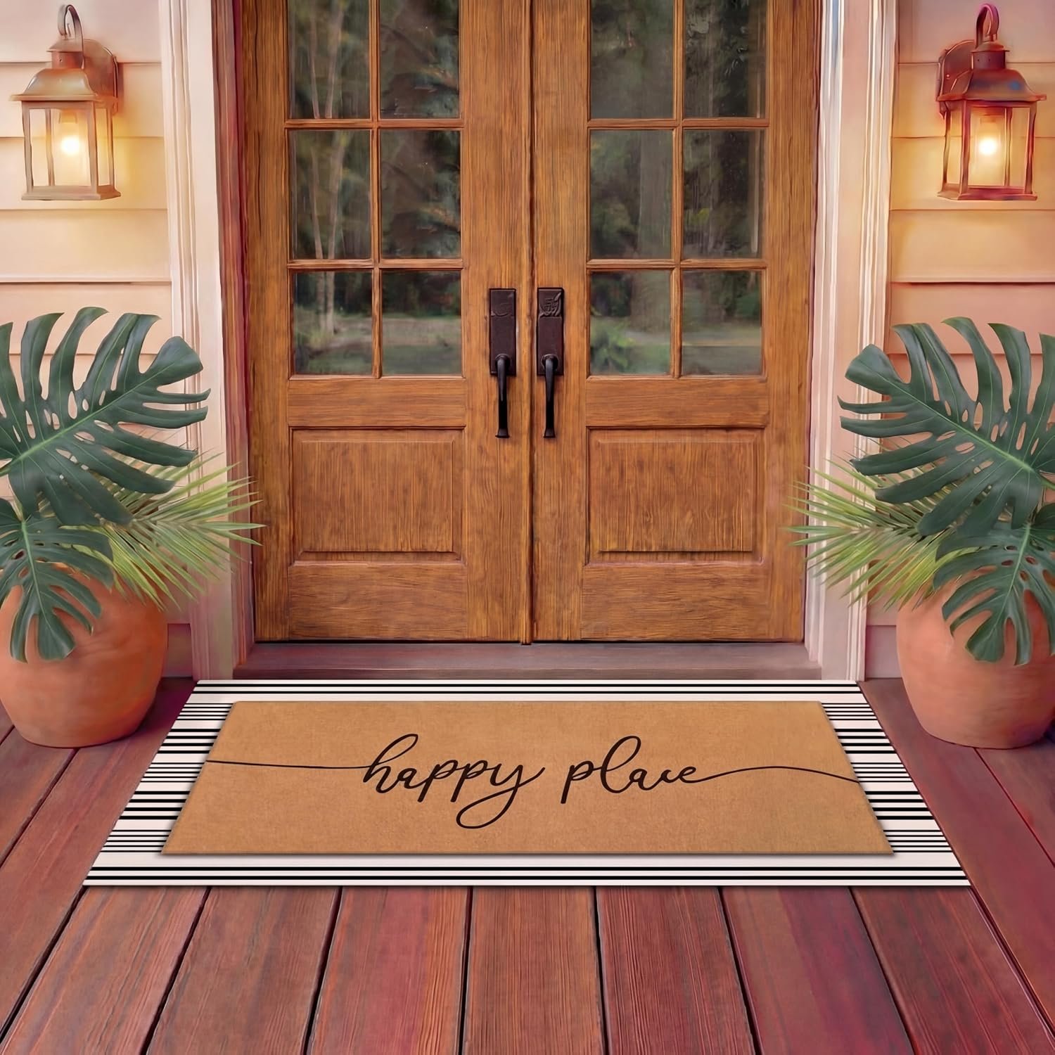 Tinideya 2 Pcs Summer Door Mat 17″x47″ Happy Place Welcome Non Slip Coir Mats Large Floor Layering Black White Stripes Doormats Seasonal for Front Porch Entryway Decor