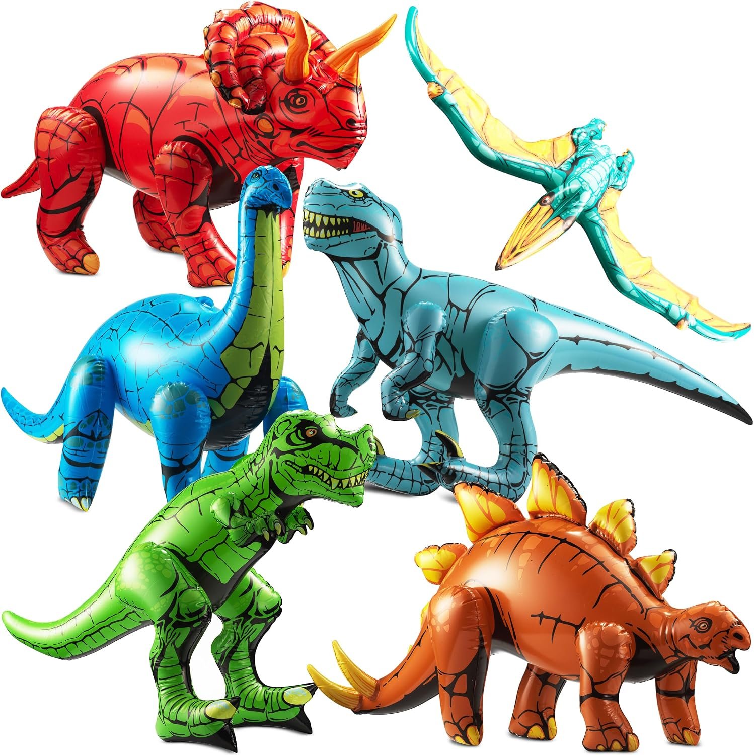 6-Pcs Inflatable Dinosaur Birthday Party Decorations – Large Blow-Up Dino Toys for Kids (20-26”) Dinos for Boys or Girls – Self-Standing Vinyl Balloons for Jurassic Theme Party & Pool Floats