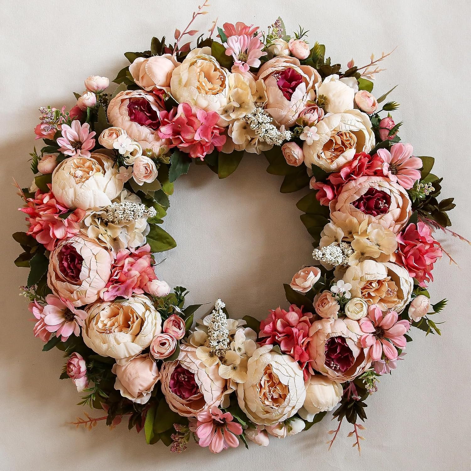 Peony Wreath 23” Spring Wreaths for Front Door, Artificial Large Floral Wreath for Front Door Wall Decor, Valentine’s Day Home Wedding Housewarming Gift EZsenses (Light Pink)