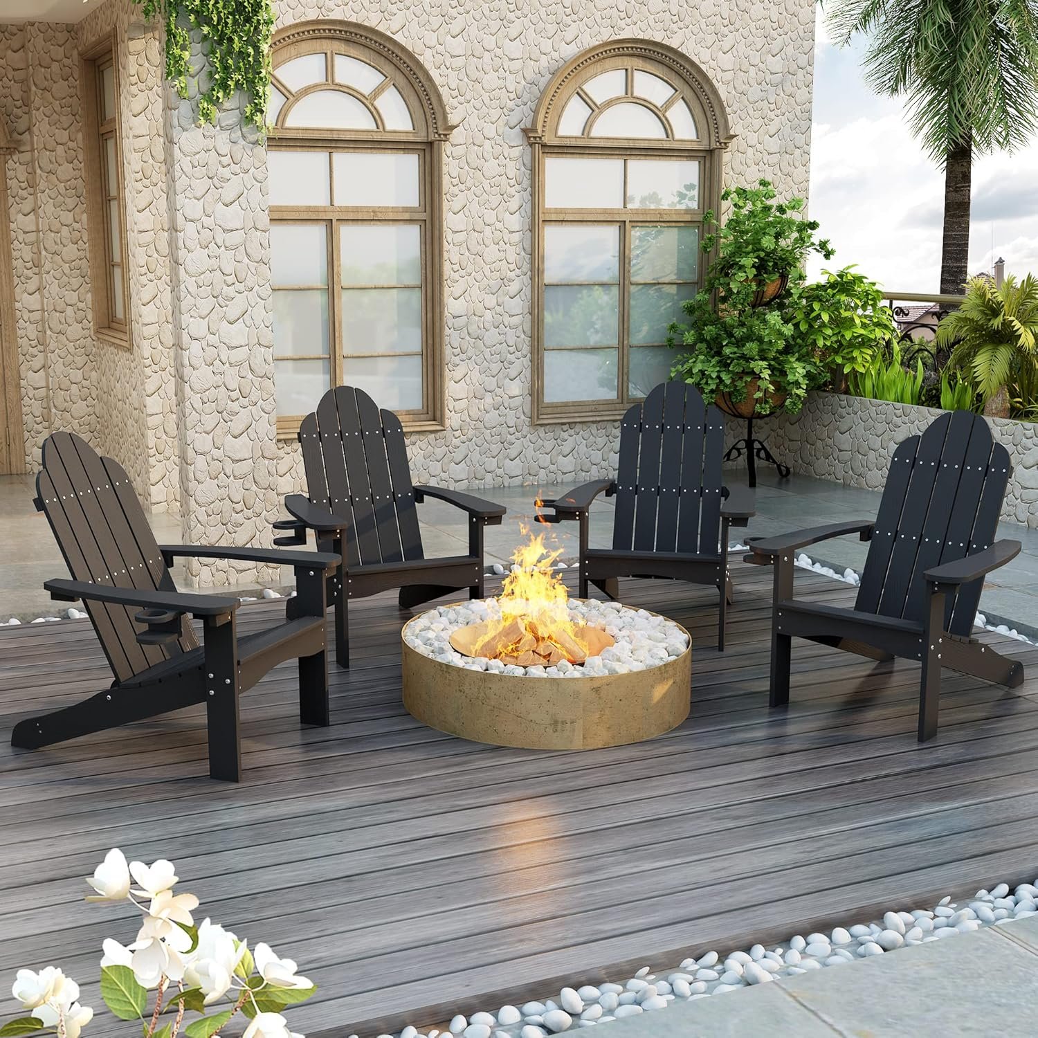 LUE BONA HDPS Outdoor Adirondack Chair, Cup Holder, Set of 4, Black | HDPS poly lumber, all-weather resistant, Low maintenance, built-in cup holder, 350 lbs capacity, for patio deck poolside