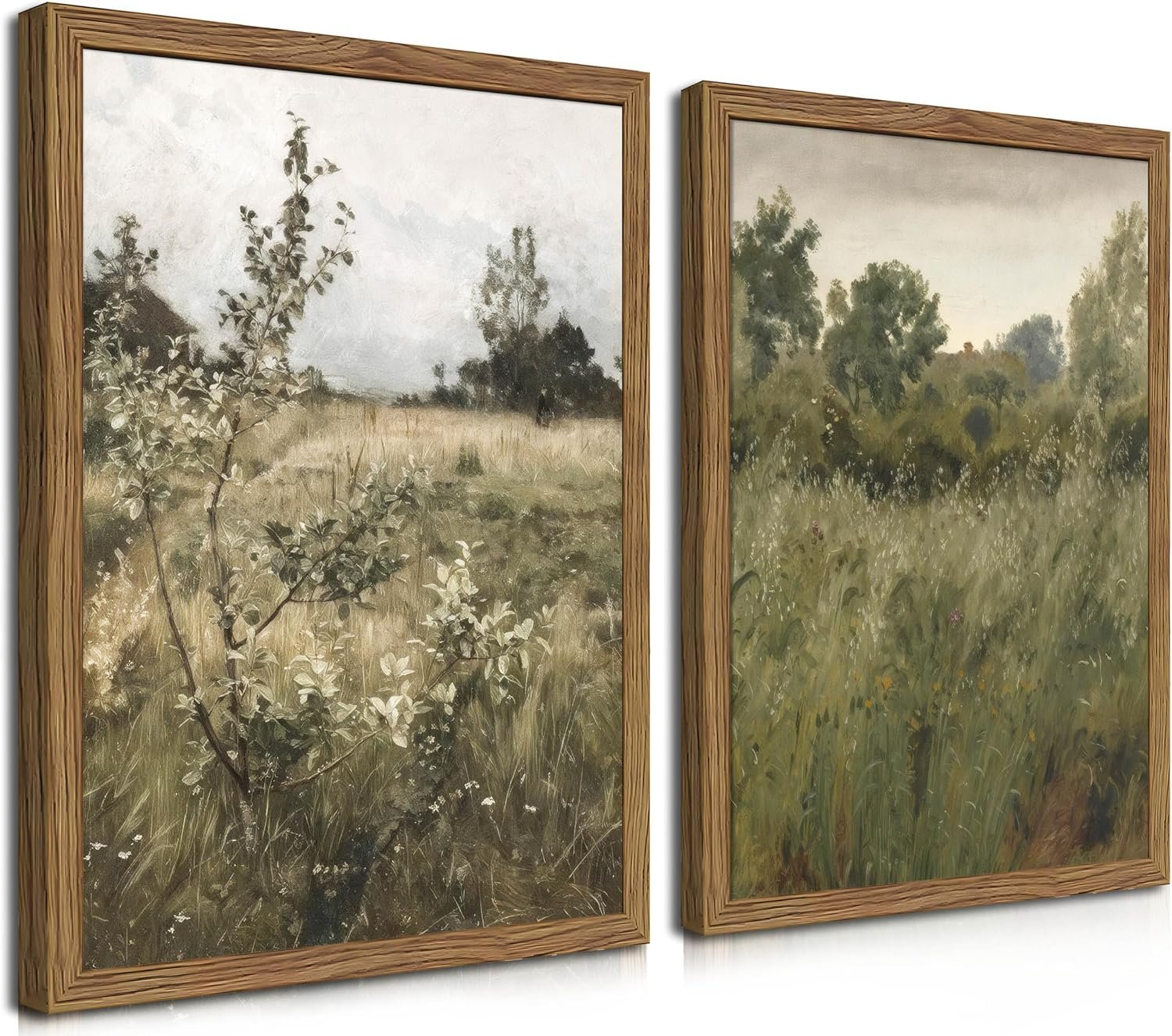 Vintage Landscape Wall Art Set of 2, Green Natural Wilderness Farmhouse Canvas Wall Decor Paintings, Retro Country Wildflower Oil Pictures Posters Prints for Living Room Bedroom 12×16 Inch Wood Framed
