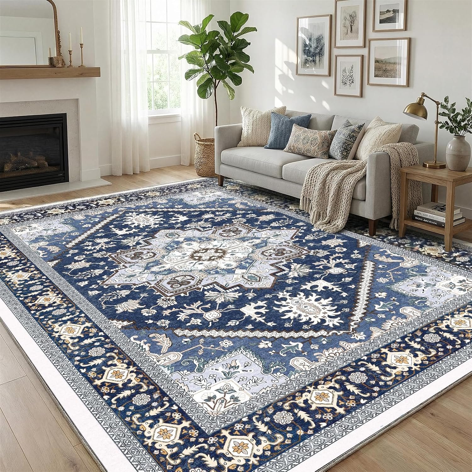 OPPODREAM Soft Area Rugs 5×7, 5×7 Washable Rug with Non Slip Backing, 5 x 7 Faux Cashmere Low-Pile Carpet, Navy Blue & Gold