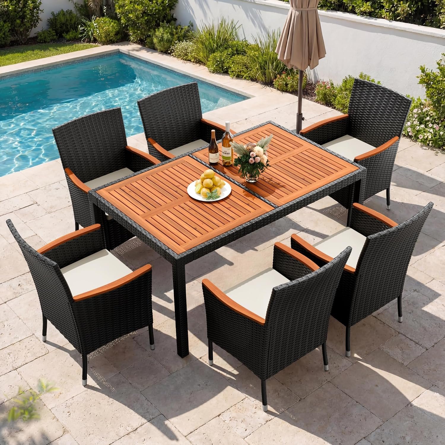 Devoko 7 PCS Acacia Wood Patio Dining Set, Black Rattan | Outdoor Patio Furniture Set, Patio Dining Table Set for 6, Patio Table and Chairs Set For Garden Backyard Pool Side