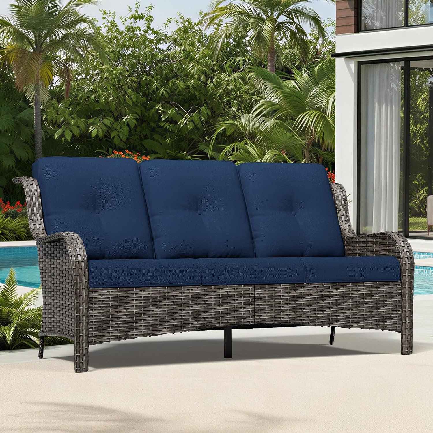 Outdoor Patio Couch, 3 Seater Outdoor Wicker Sofa with High Back, Deep Seating, Wide Armrest, Thickened Cushions, Patio Sofa for Deck, Porch Use