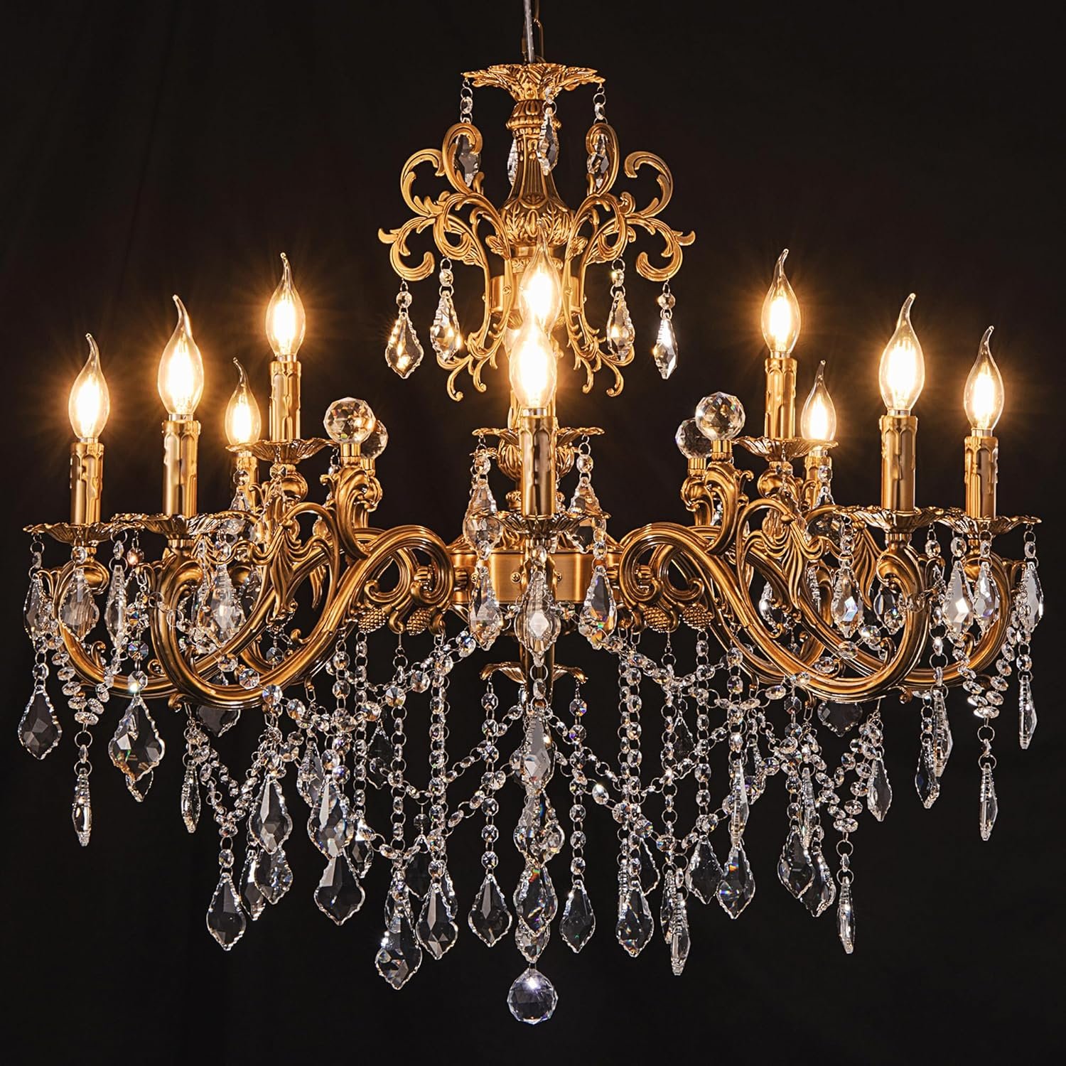 Wellmet Crystal Chandeliers 35.9″ Vintage Antique Bronze Chandelier | 12 Lights Candle Pendant Ceiling Light Fixture for Dining Room Living Room Kitchen Bedroom Hallway Entryway Height-adjustable