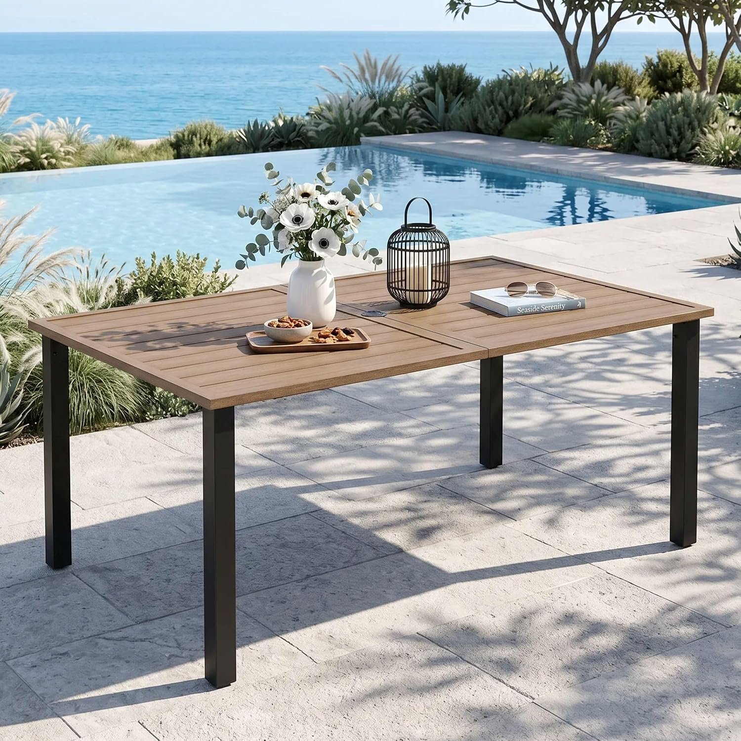 MIXPATIO Patio Dining Table for 6, Brown Metal Table w/Umbrella Hole | 60″ rectangle wrought iron table. Slatted top design, weather resistant. Perfect for outdoor deck, porch, backyard