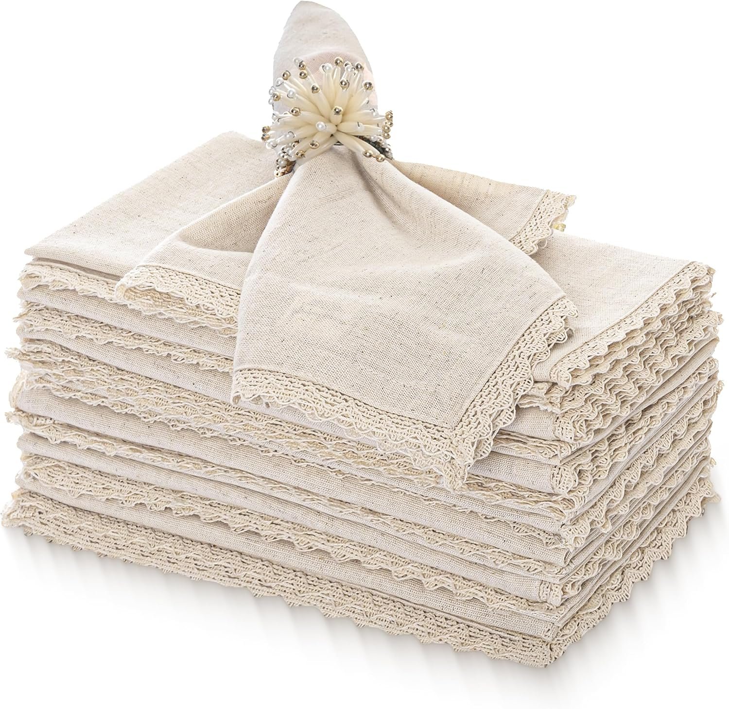 FINGERCRAFT Dinner Cloth Napkin Cotton Linen 12 Pack Vintage Rustic Premium Quality Mitered Corners Napkin Cloth with Elegant Lace for Everyday Use, Pre Shrunk and Good Absorbency 20×20 in Ivory