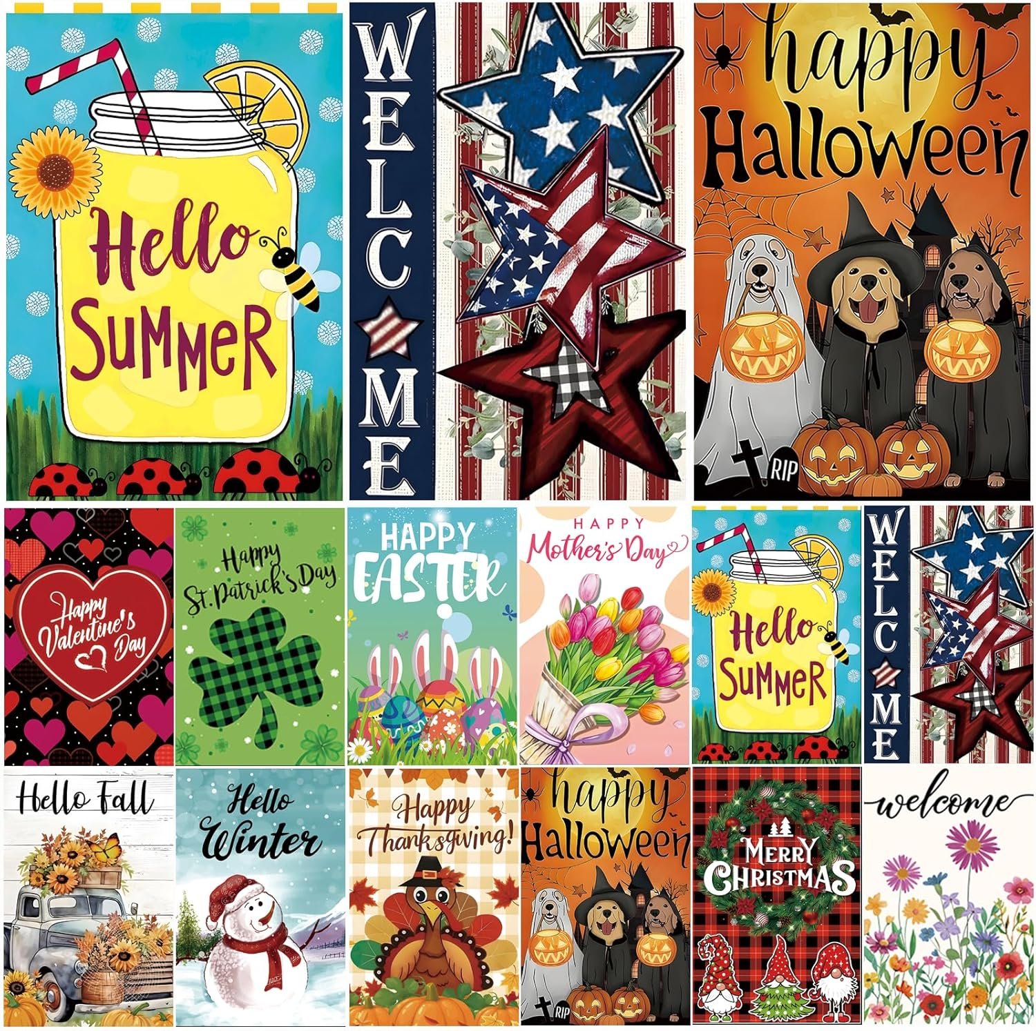 Seasonal Garden Flags Set of 12, Double Sided 12×18 Inch Yard Flags | Spring Summer Fall Winter & Holiday Outdoor Decor, 4th of July, Thanksgiving, Halloween, Christmas for All Seasons