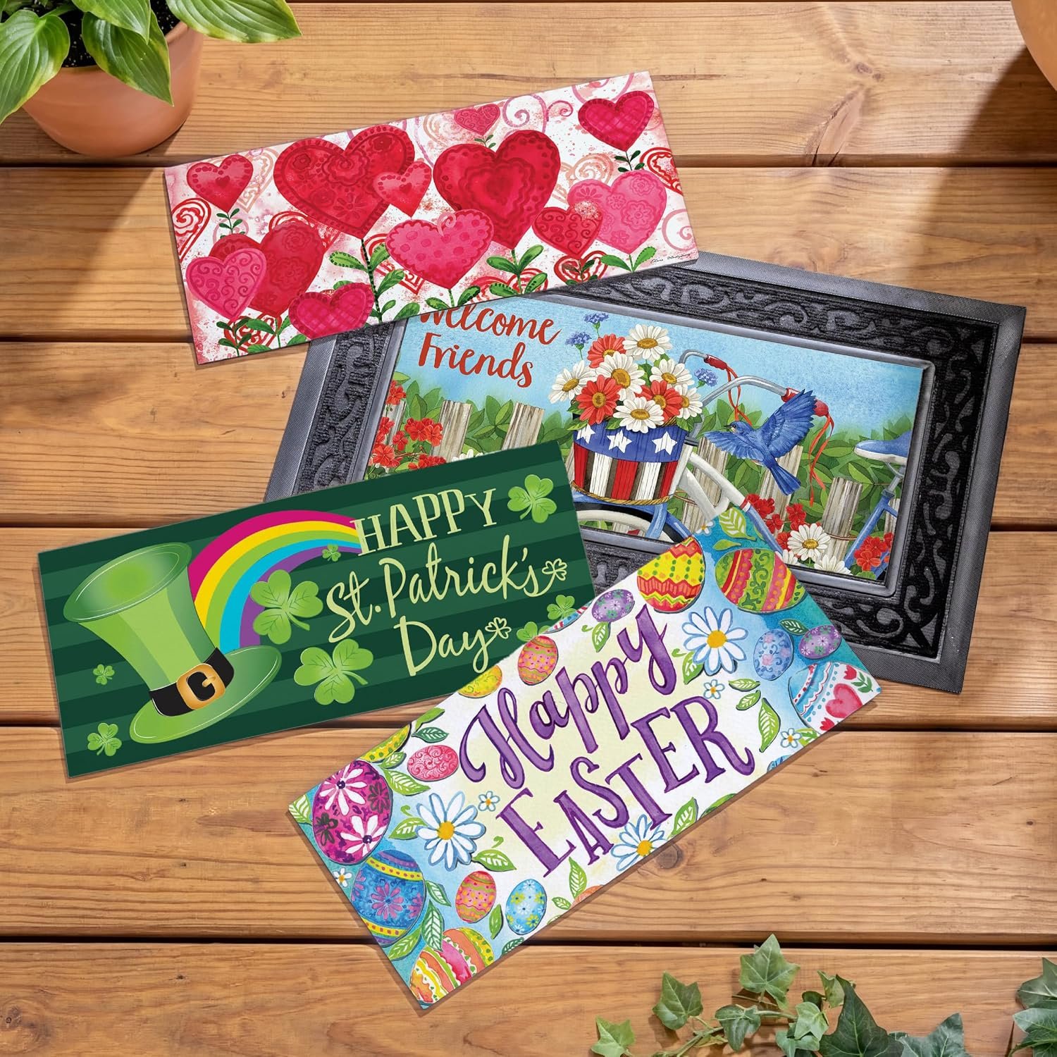 Evergreen Sassafras Spring Holiday Doormat Insert Bundle & Tray Set of 5, Interchangeable Entrance Door mats Indoor and Outdoor Welcome Mat 30 x 18 Tray Non Slip Backing Low Profile