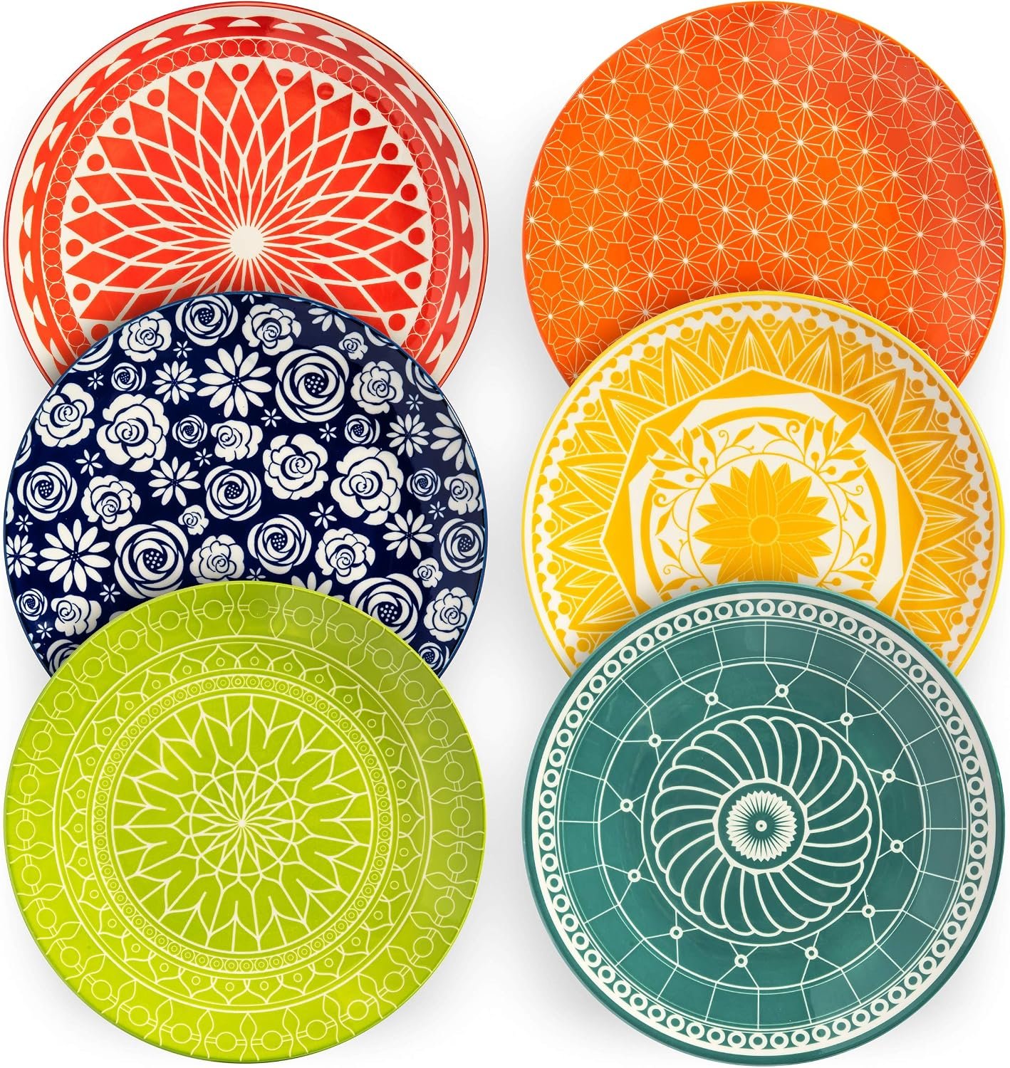 Annovero Dinner Plates – Mismatched Colorful Dinnerware Set of 6 – Fun Decorative Cute Boho Kitchen Dishes – Zero Lead & Cadmium – 10.5 Inch Diameter