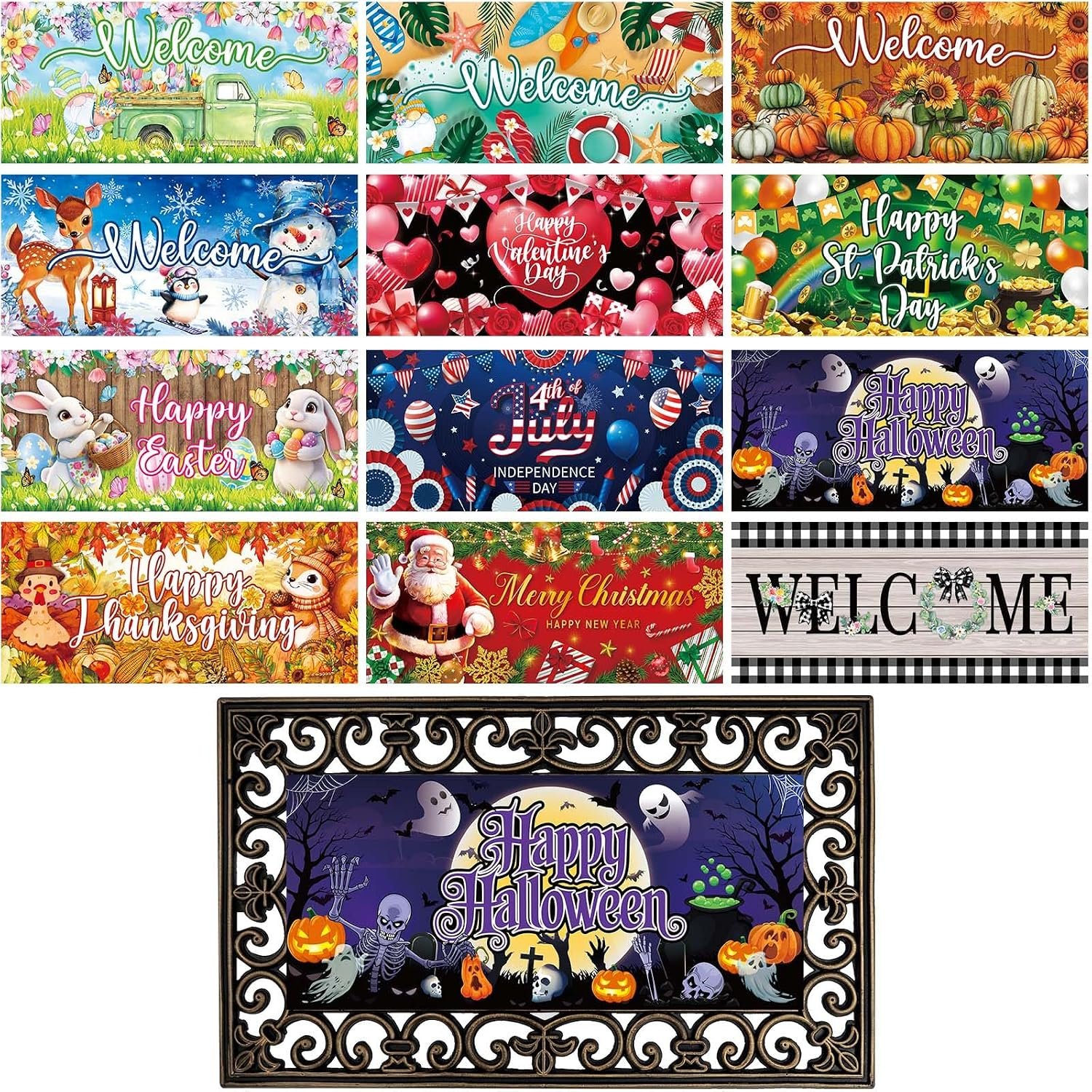 12Pcs Doormat Inserts Seasonal Entrance Doormats Interchangeable Welcome Doormats Welcome Mat Outdoor for Fall Christmas Front Door Outdoor Indoor 22in x 10in All Season and Holiday Vivid