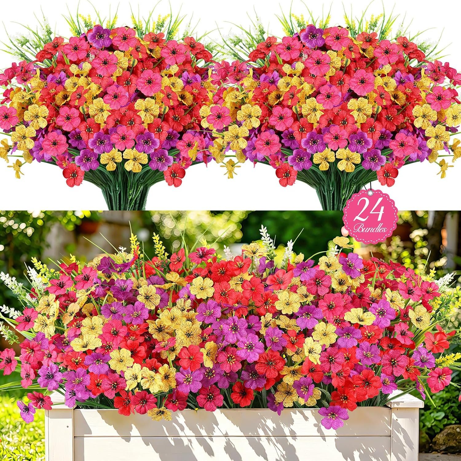 24PCS Fake Flowers Outdoor, UV Resistant Artificial Silk Flowers | Realistic Faux Flowers for Hanging Baskets, Window Boxes & Planters, Porch, Yard, Cemetery, Spring Outdoor Home Decor