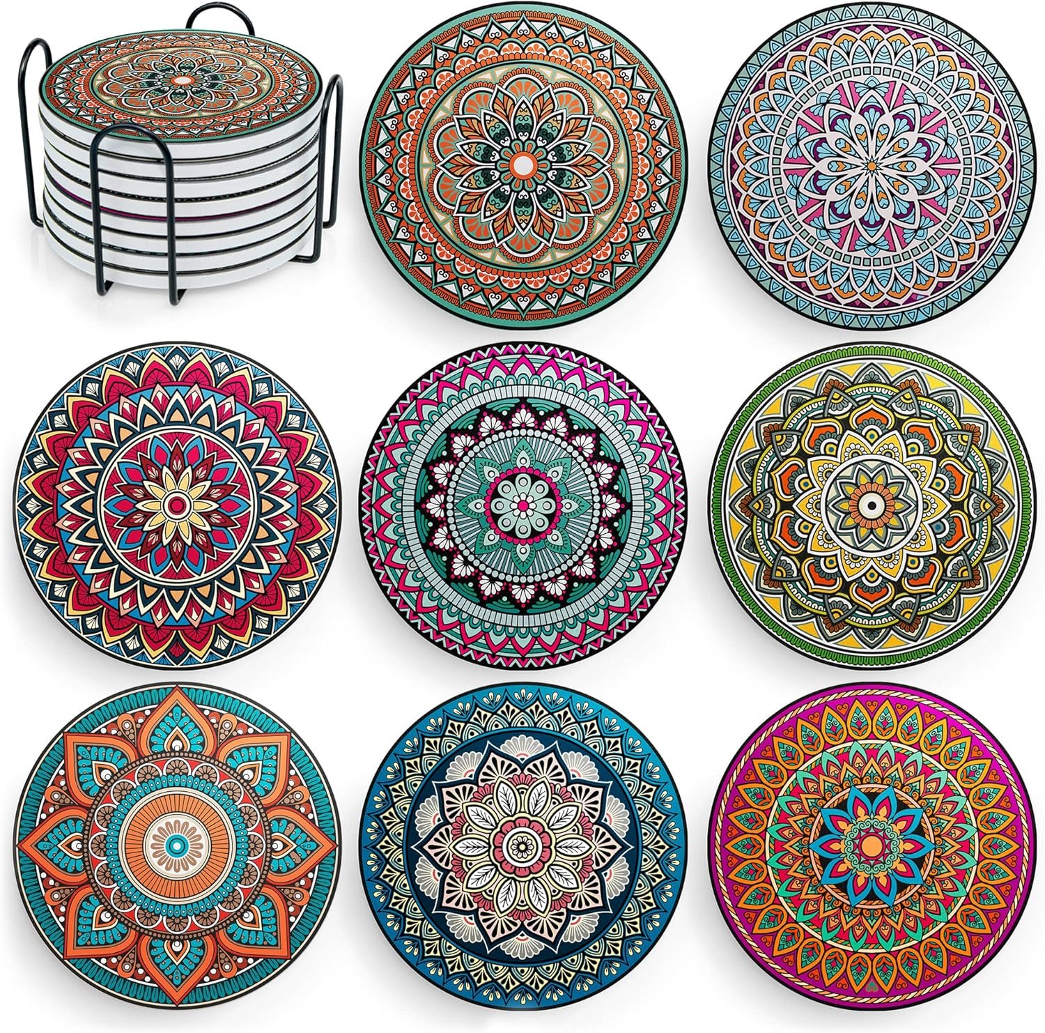 Mandala Drink Coasters with Holder – 8 Set Ceramic Boho Coaster for Drinks Absorbent with Cork Base and Black Holder – Coasters for Coffee Table Apartment Wooden Bar Mugs Glasses Cup Beer