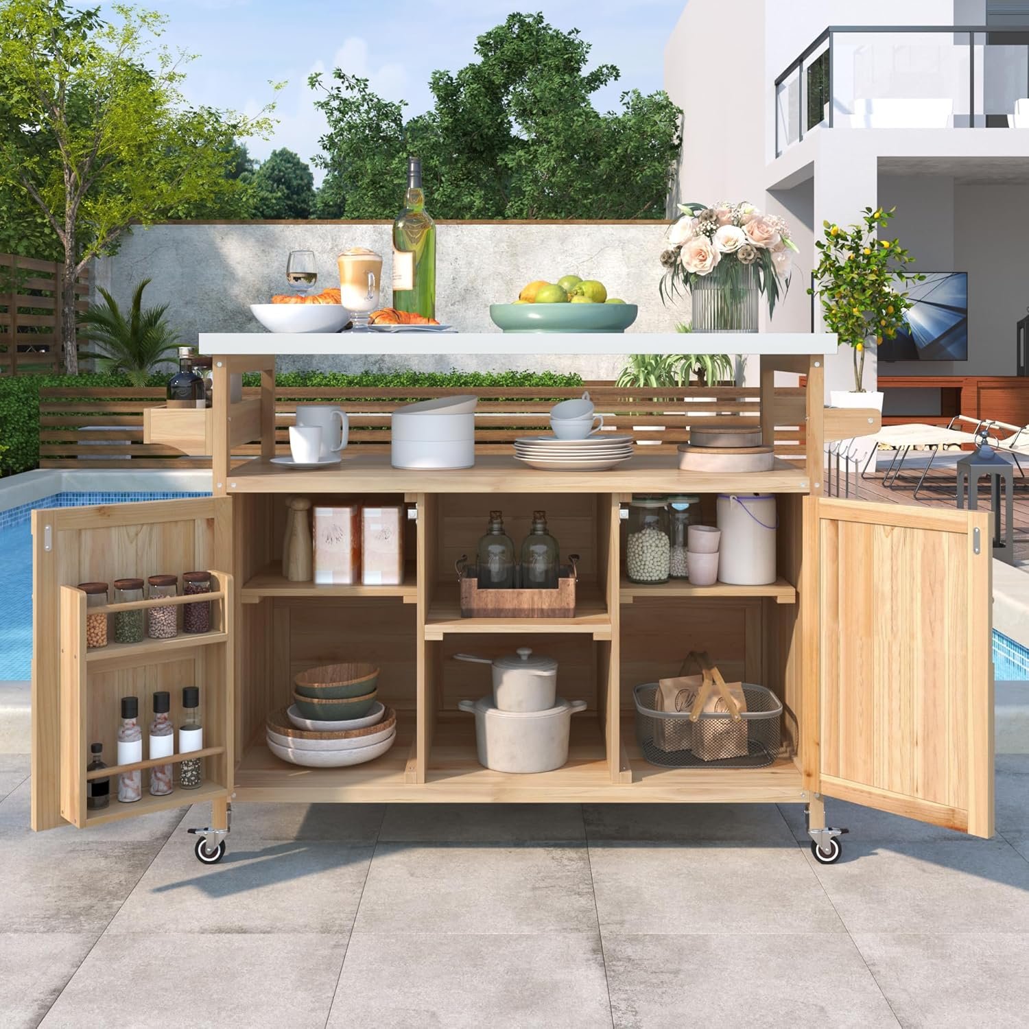 Outdoor Kitchen Rolling Bar Cart with Storage Cabinet, Farmhouse Solid Wood Outdoor Grill Table with Stainless Steel Top, Spice Rack and Towel Rack, Perfect for Barbecue Poolside Patio (Natural)