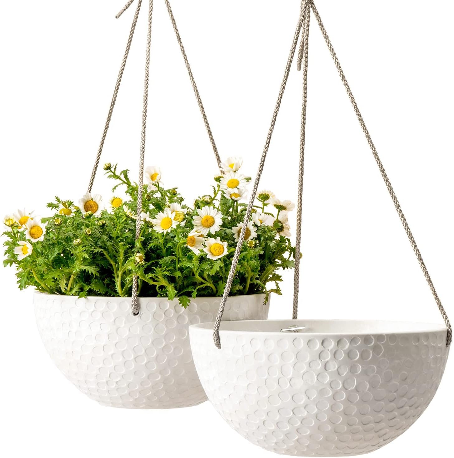 LA JOLIE MUSE 10 Inch Hanging Planters for Indoor Plants, Outdoor Garden Planter Pots, White, Honeycomb, Set of 2 | White Stone Finish, Hanging Baskets and Flower Pots for Outdoor Plants, Decorative Outdoor Planters for Window, Porch, Garden